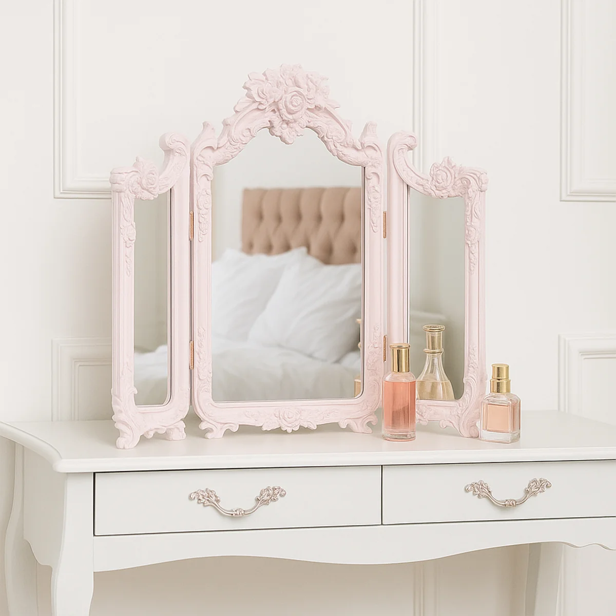 Exceptional Small Pink Ornate Rose Triple Mirror – 37cm x 38cm Exclusive