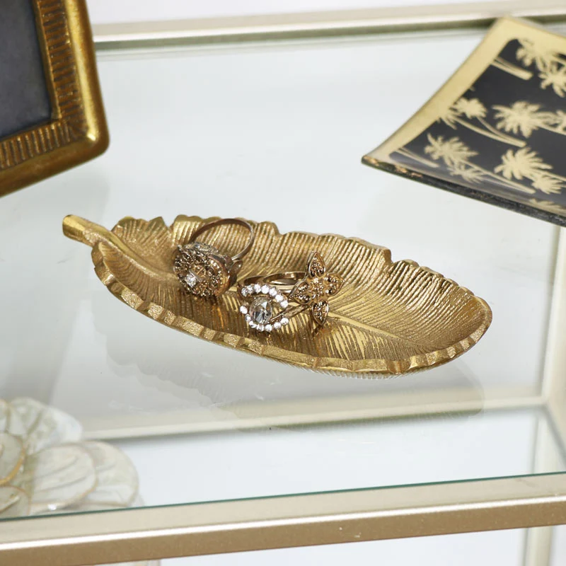 Consistent Gold Metal Feather Trinket Dish Functional