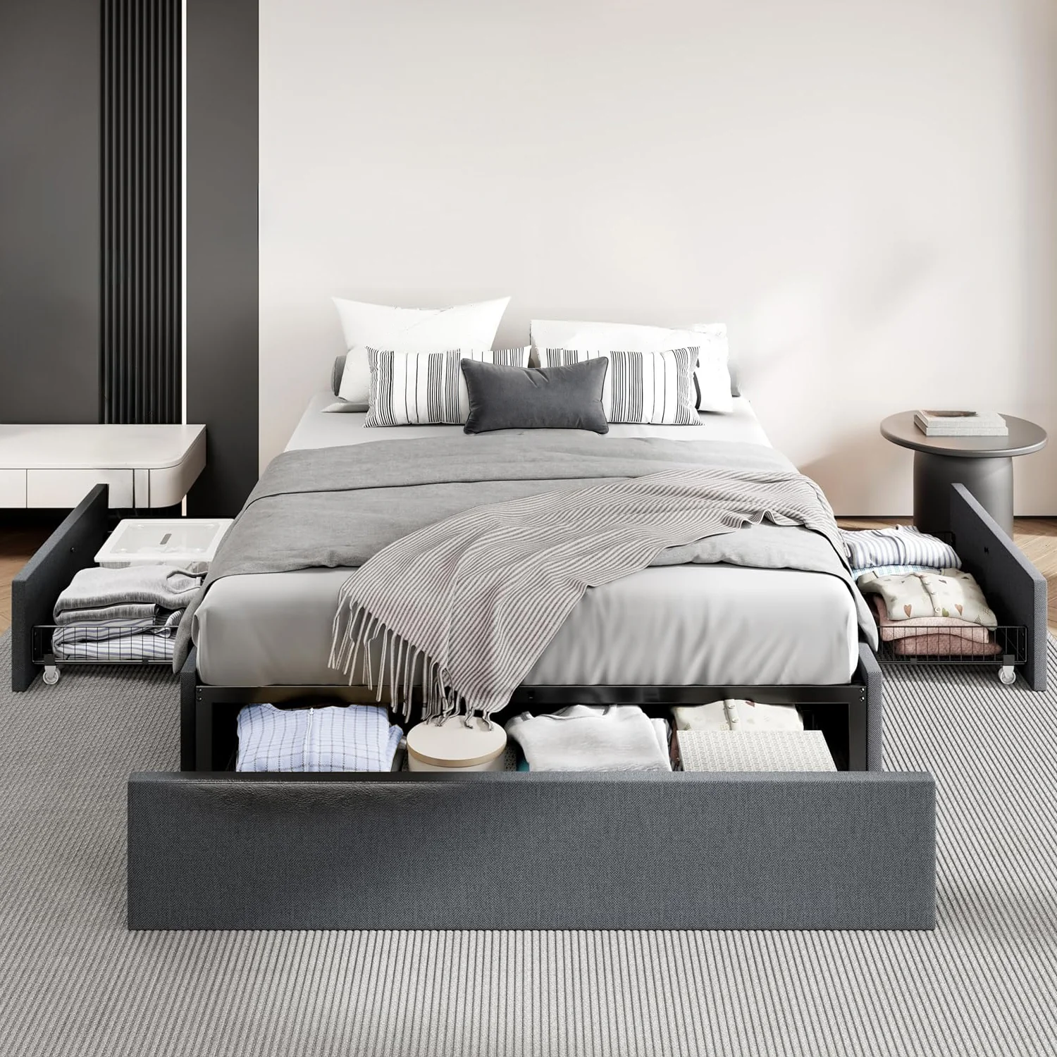 Responsible Upholstered Platform Bed Frame with 3 Storage Drawers No Headboard No Springs Required Dark GreyUpholstered Platform Bed Frame with 3 Storage Drawers No Headboard No Springs Required Dark Grey Effective