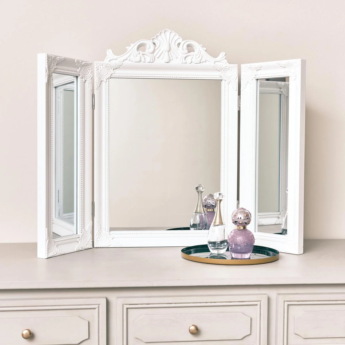 Excellent White Ornate Dressing Table Triple Mirror Versatile