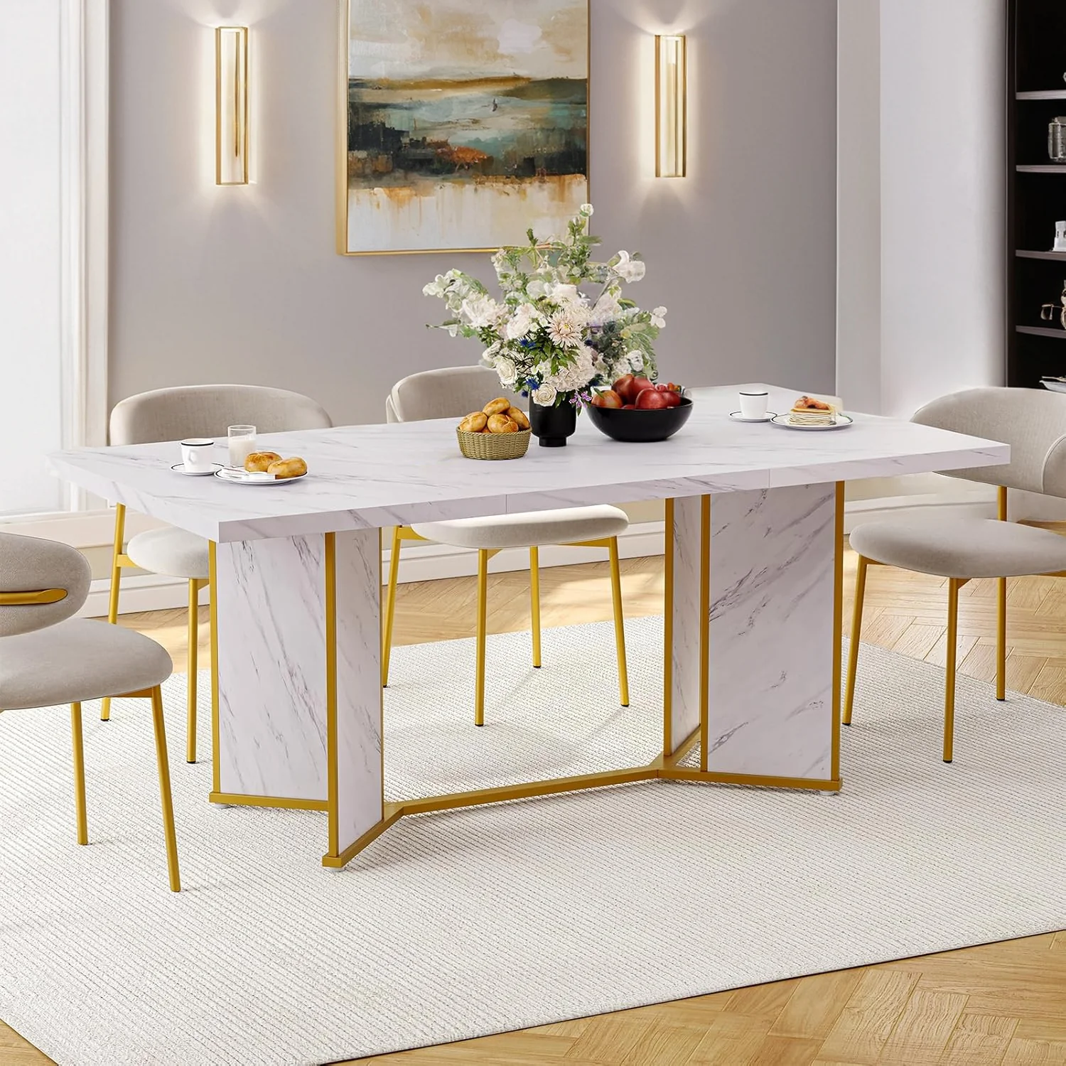 User-Friendly Marble Pattern Dining Table Marble Wooden Kitchen Table Modern Rectangular Dinner Table for 6-8 PeopleMarble Pattern Dining Table Marble Wooden Kitchen Table Modern Rectangular Dinner Table for 6-8 People Fast