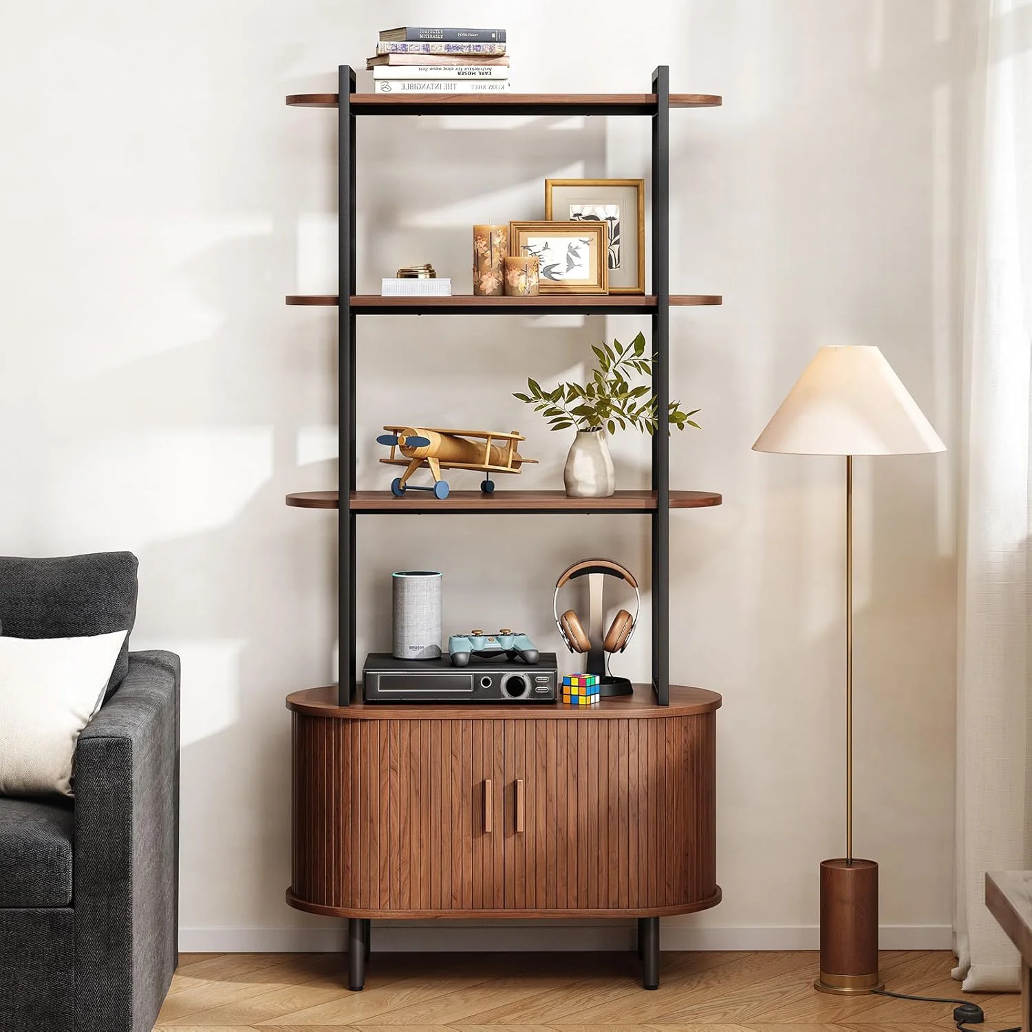 Sophisticated 71 Inch Modern Bookshelf Bookcase 4-Tier Storage Bookshelves with Sliding Door and Adjustable Footpad71 Inch Modern Bookshelf Bookcase 4-Tier Storage Bookshelves with Sliding Door and Adjustable Footpad Premium Material