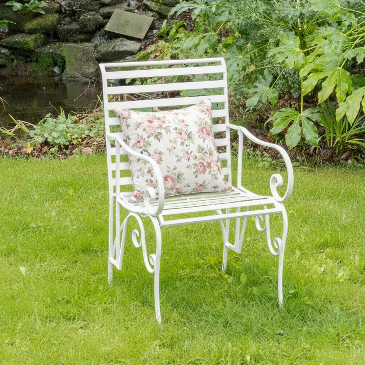 Excellent Ornate Metal Distressed White Garden Chair – 55cm x 92cm Soft