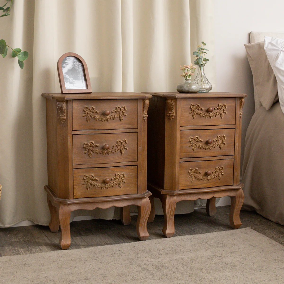 Refined Pair of Wooden 3 Drawer Bedside Tables – Pays Du Bois Range Specialty