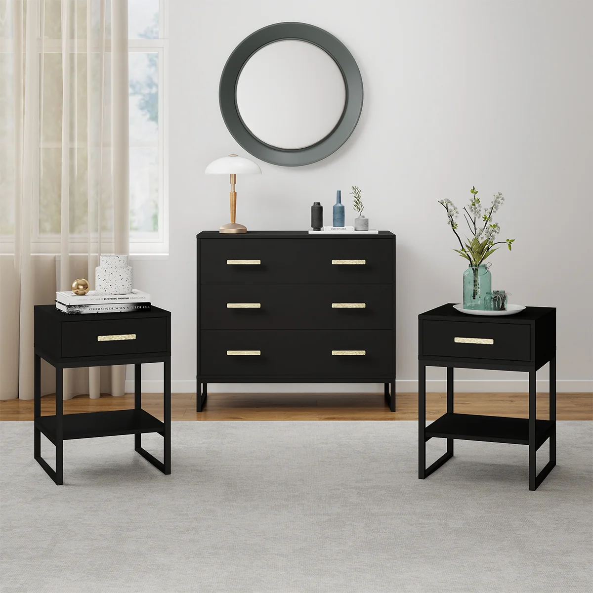 Safe Large 3 Drawer Chest Of Drawers Pair Of One Drawer Bedside Tables – Luna Black Range Reusable