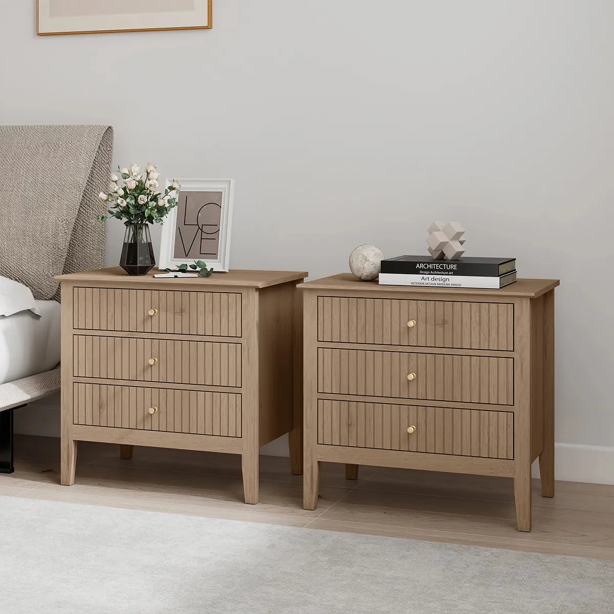 Minimalist Pair Of Large 3 Drawer Bedside Tables – Hales Pale Wood Range Expertly Made