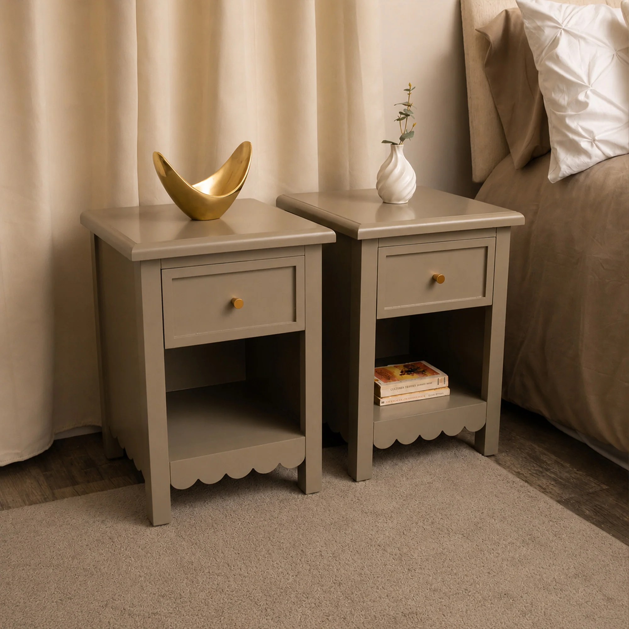 Innovative Set Of 2 One Drawer Scalloped Bedside Tables – Staunton Taupe Range Eco-Friendly