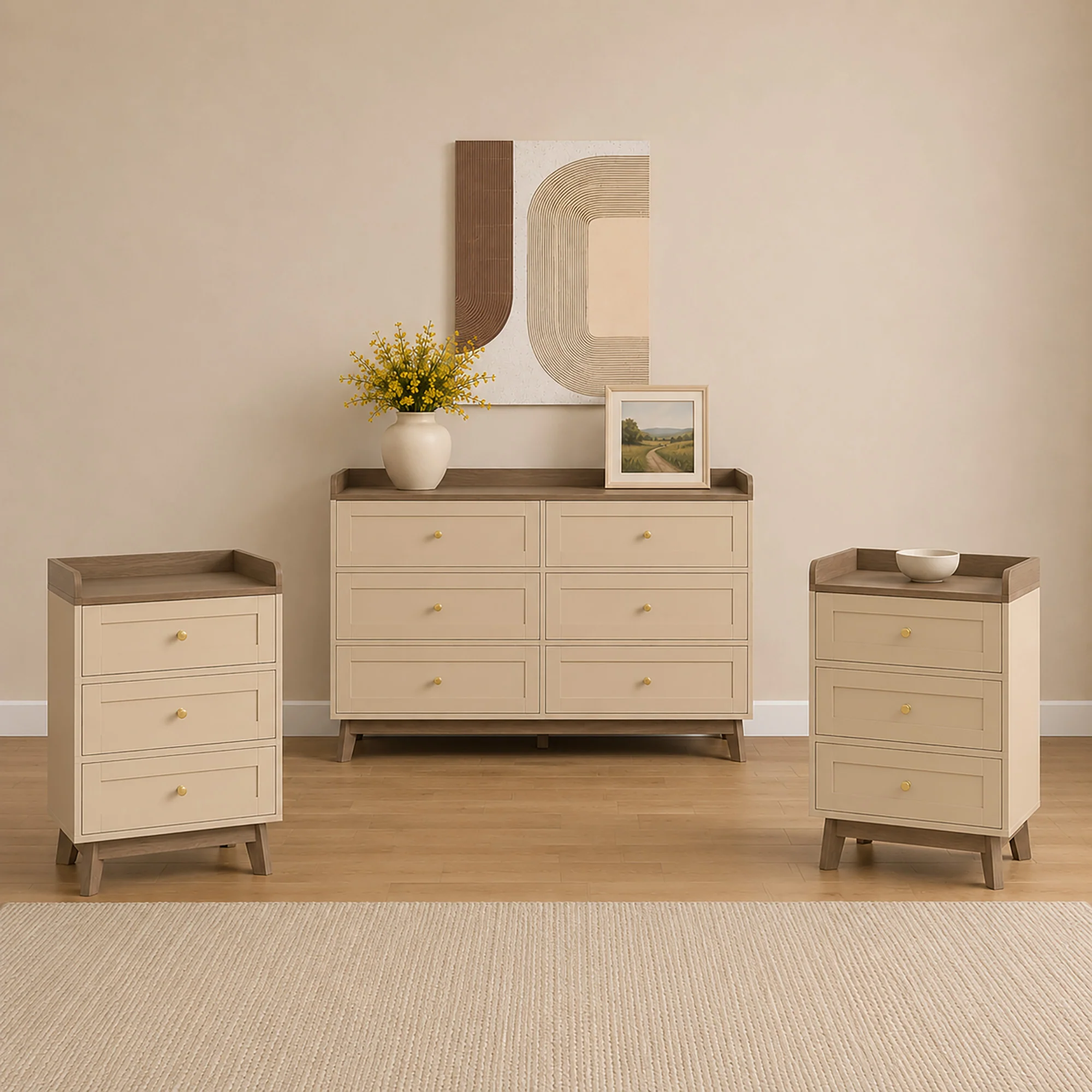 Pure Large Cream Wood 6 Drawer Chest of Drawers Pair Of 3 Drawer Bedside Tables – Oswin Range Sophisticated