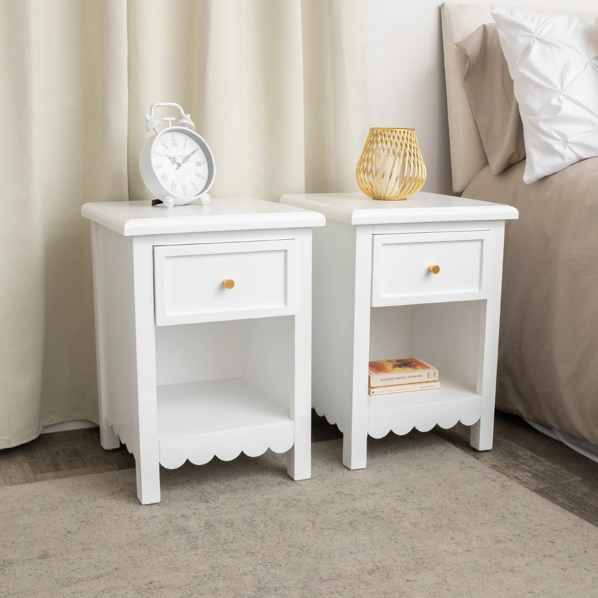 Effective Pair of One Drawer Scalloped Bedside Tables – Staunton White Range Classic