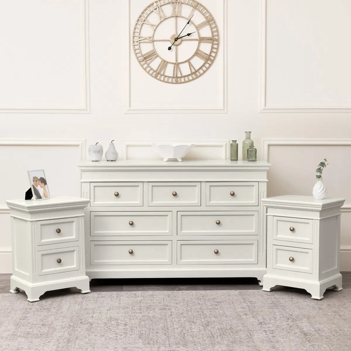 Safe Large 7 Drawer Chest of Drawers Pair of Bedside Tables – Daventry Ivory Range Powerful