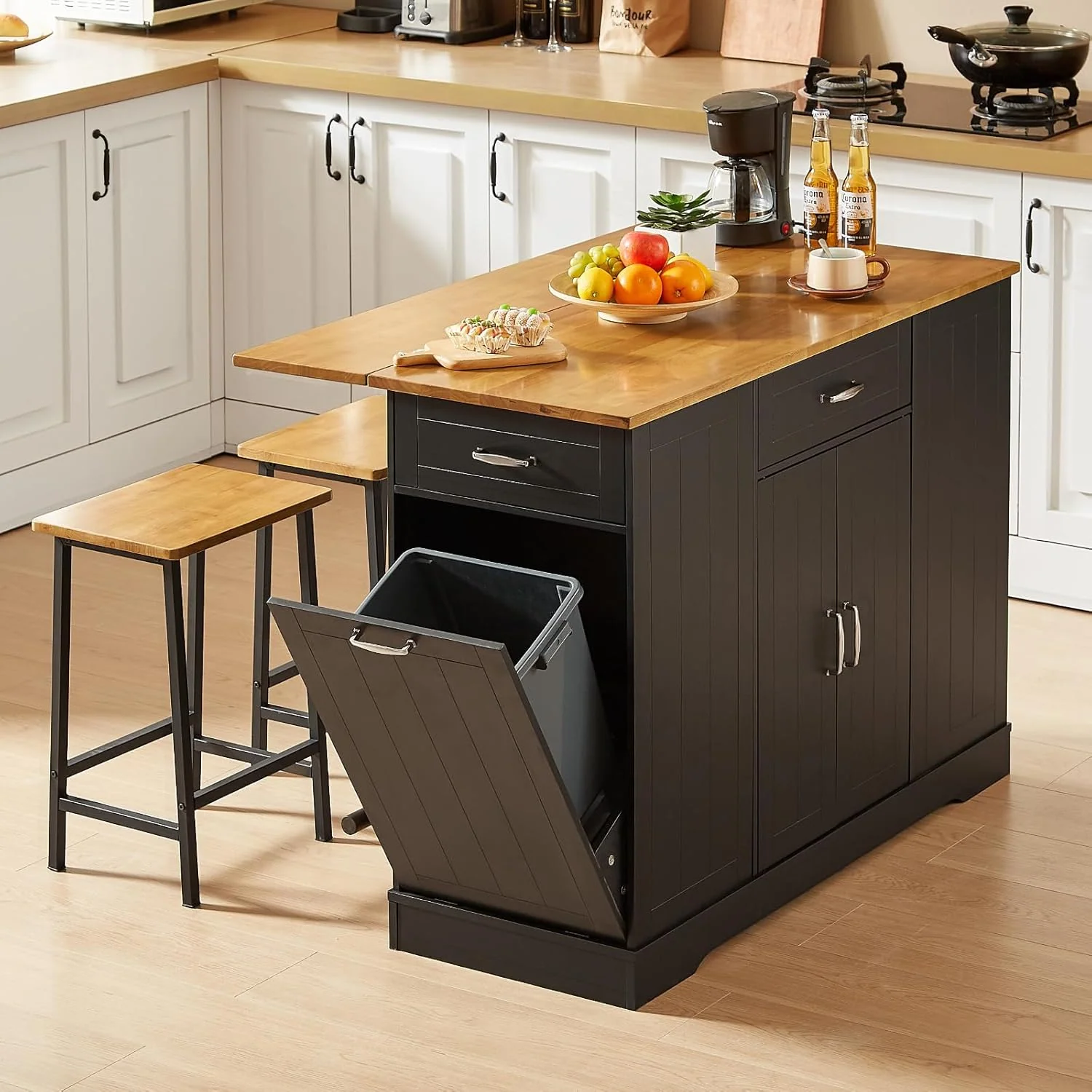 Casual 47 Stationary Kitchen Island with 2 Chairs Kitchen Island Home Bar Table with Spice Rack Trash Cabinet and Electrical Outlet47 Stationary Kitchen Island with 2 Chairs Kitchen Island Home Bar Table with Spice Rack Trash Cabinet and Electrical Outlet Solid