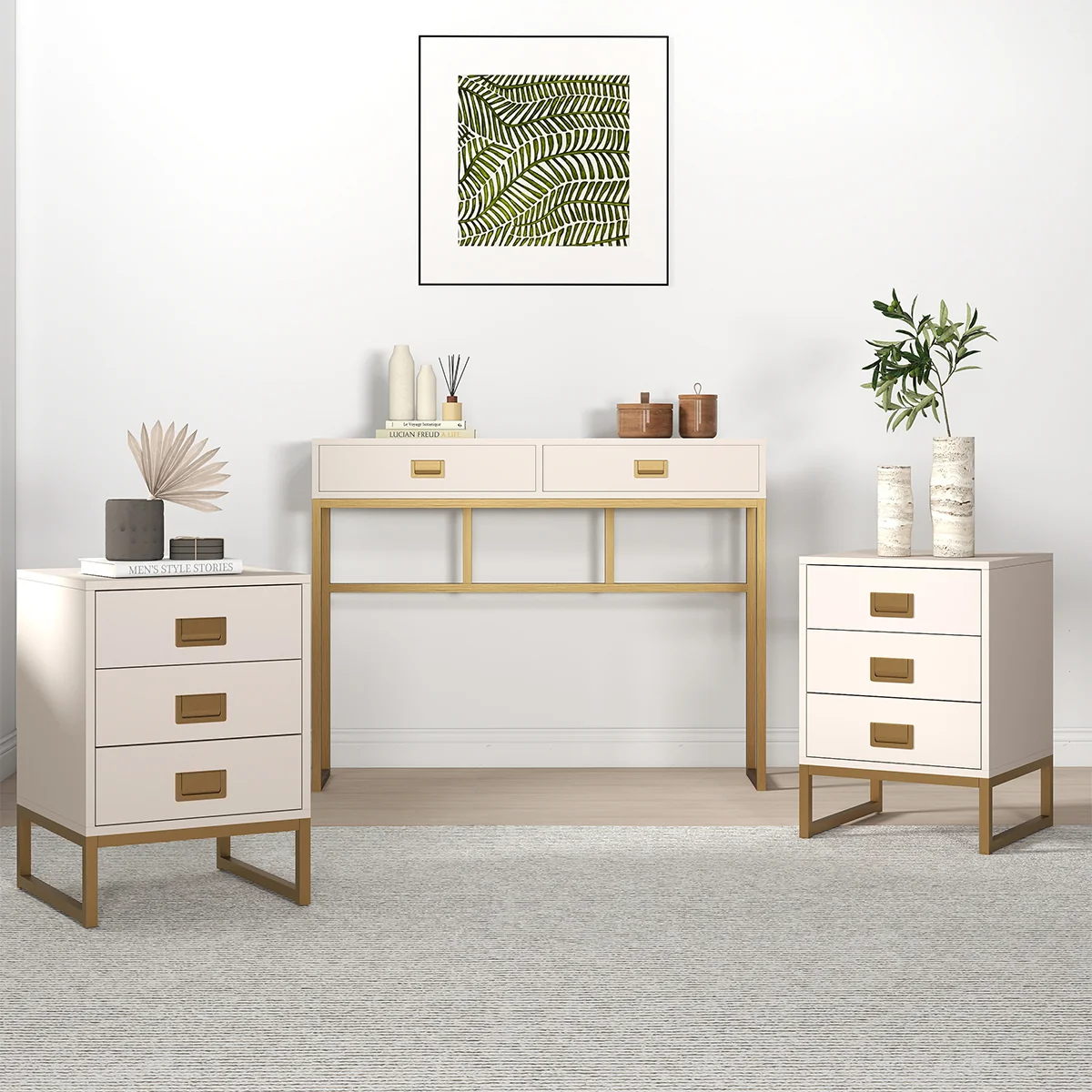 Relaxed Large 2 Drawer Dressing Table and Pair of 3 Drawer Bedside Tables – Elle Stone Range Pure