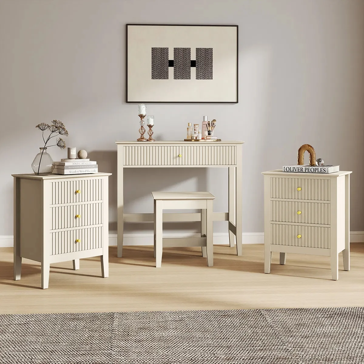 Expertly Made Dressing Table Stool Pair of 3 Drawer Bedside Tables – Hales Taupe Range Traditional