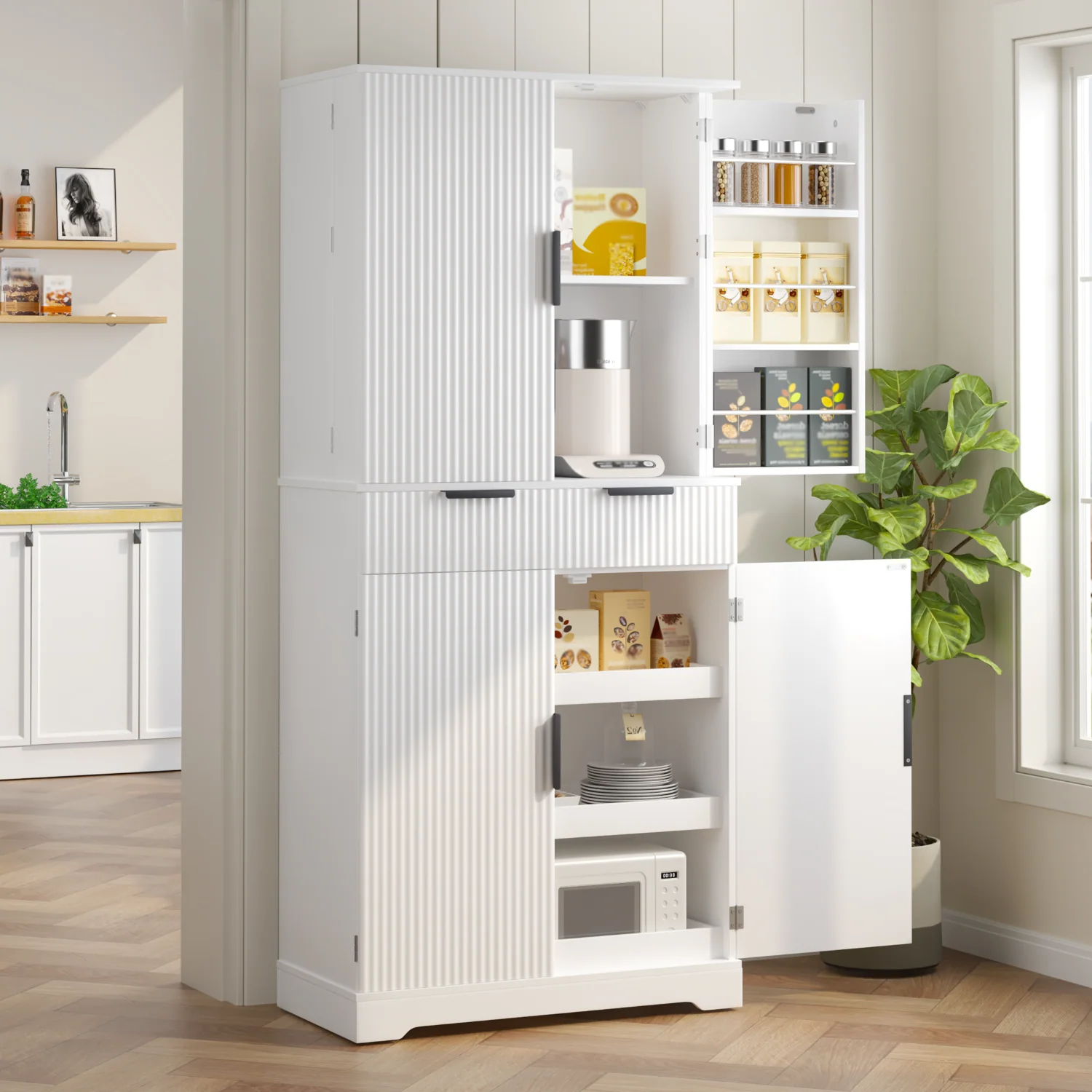 User-Friendly Pantry Cabinet Kitchen Storage Cabinet 72” Fluted Cupboard with 2 DoorsPantry Cabinet Kitchen Storage Cabinet 72” Fluted Cupboard with 2 Doors Genuine