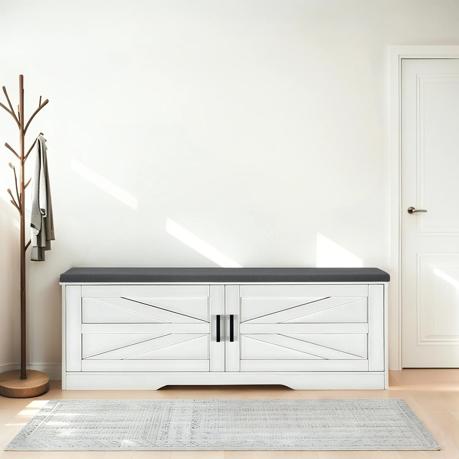 Classic Shoe Bench 2 Tier Storage Bench with Padded Seat Cushion Farmhouse Entryway Bench with 2 Barn Doors 2 Adjustable ShelvesShoe Bench 2 Tier Storage Bench with Padded Seat Cushion Farmhouse Entryway Bench with 2 Barn Doors 2 Adjustable Shelves Professional