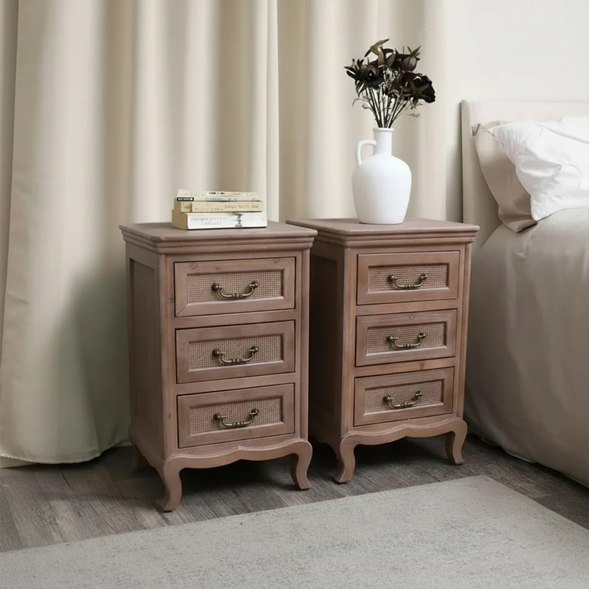 Green Pair of Solid Wood 3 Drawer Bedside Tables – Hessian Range Efficient