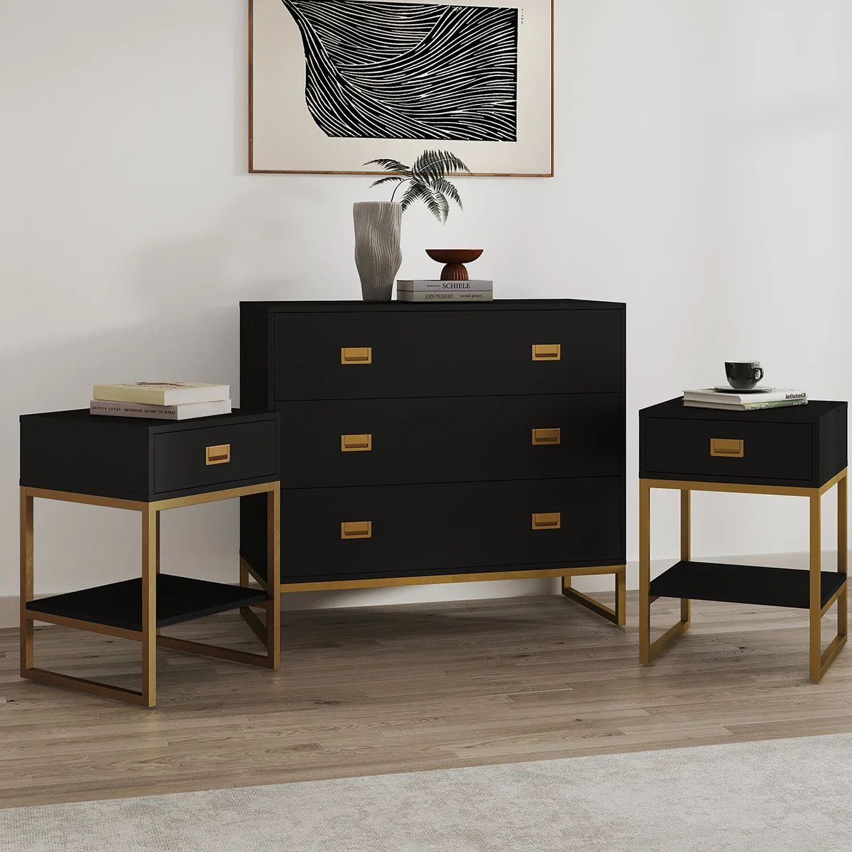 Certified Large 3 Drawer Chest of Drawers and Pair of Bedside Tables – Elle Black Range Enhanced