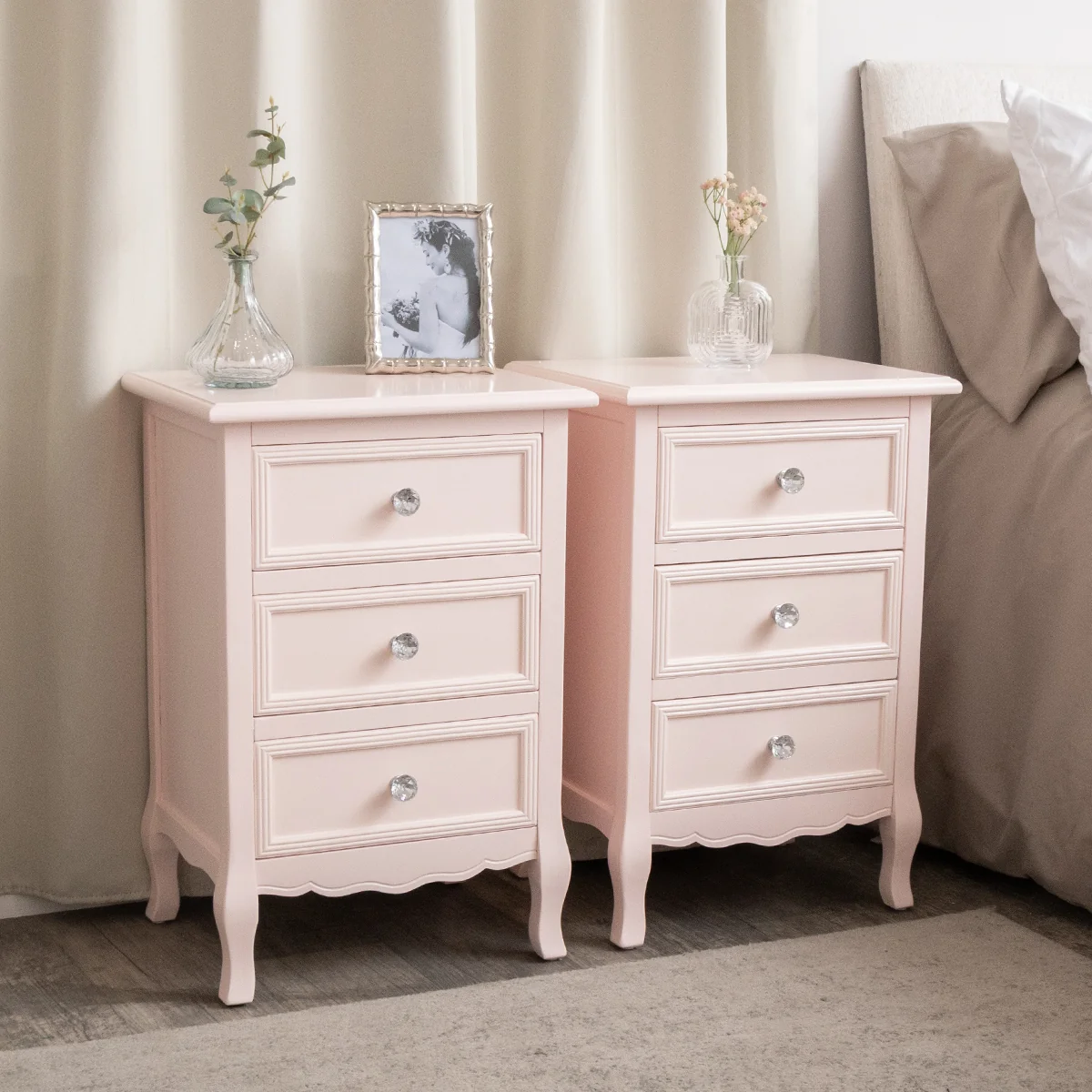 Stylish Pair of Pink 3 Drawer Bedside Tables – Sophia Pink Range Environmentally Friendly