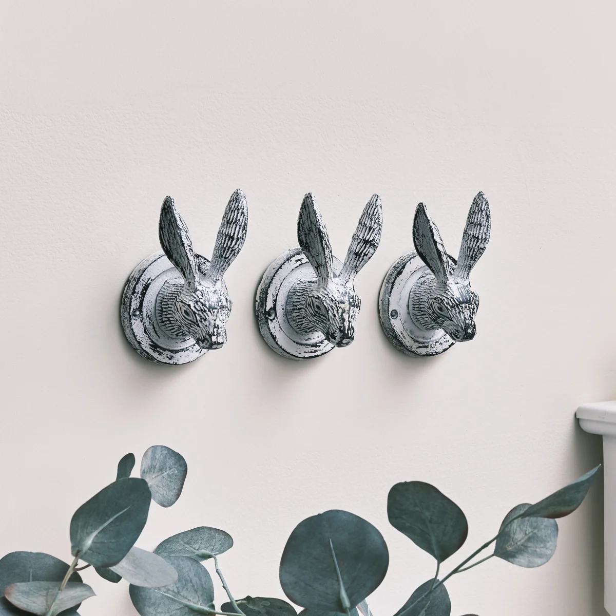 Original Design Set of 3 Antique White Hare Head Coat Hooks Enhanced