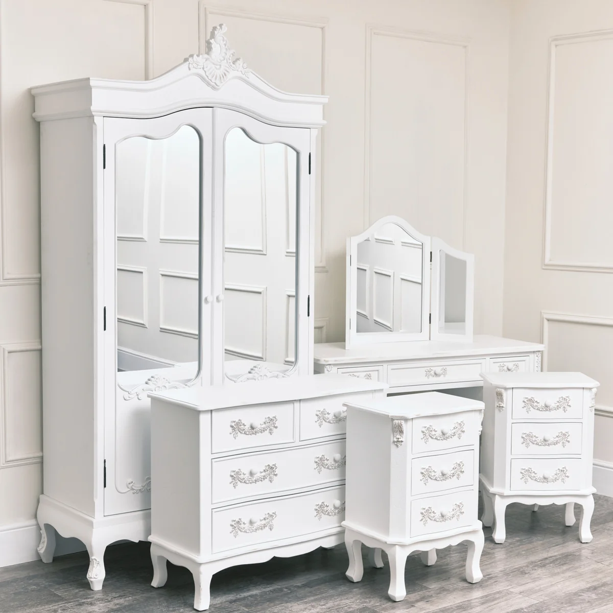 Green Large Double Wardrobe Dressing Table Set Chest of Drawers Pair of 3 Drawer Bedside Tables – Pays Blanc Range Prestigious