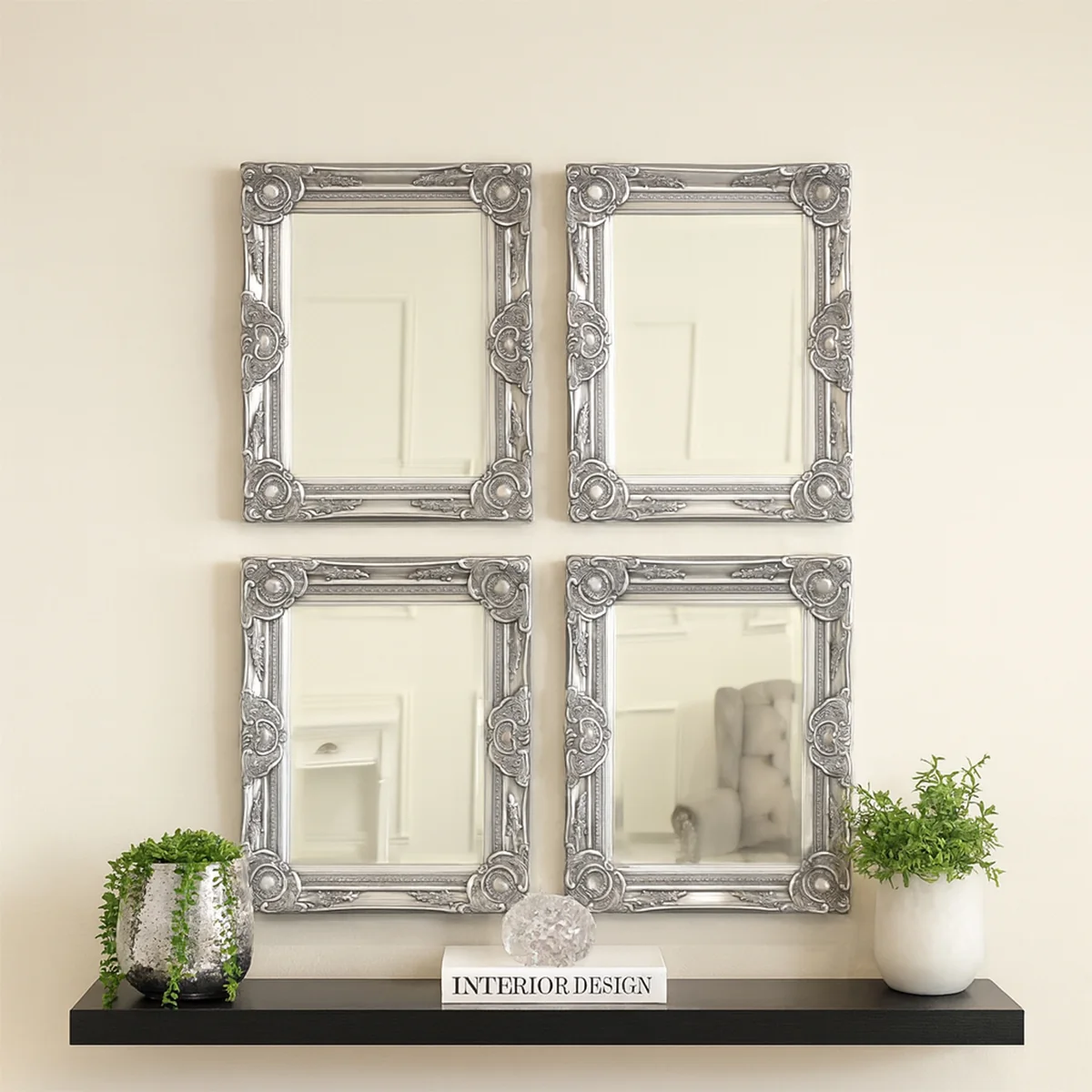 Organic Set of 4 Ornate Silver Wall Mirrors With Bevelled Glass Exceptional