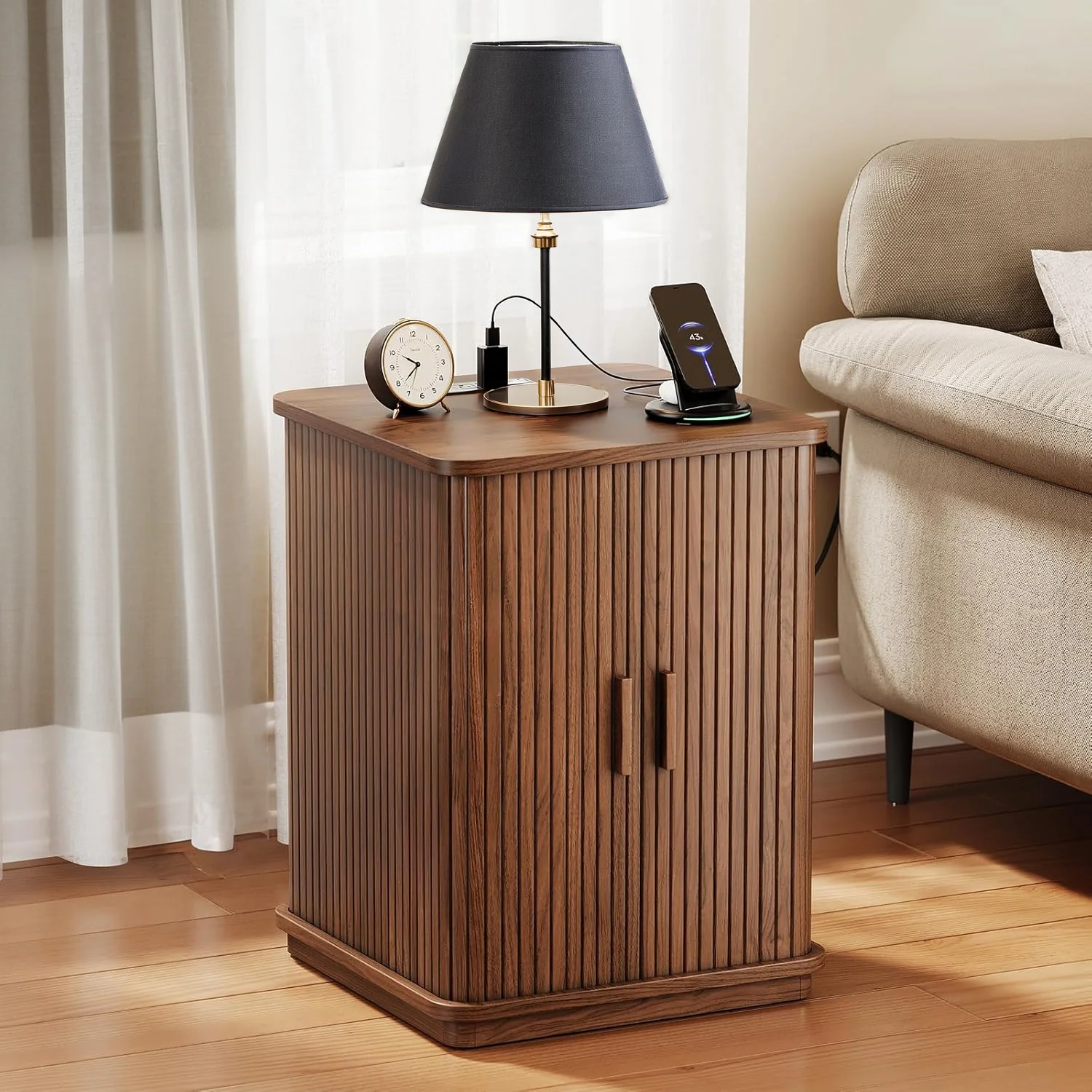 Fine Side Table Small End Table with Charging Station Square Night Stand with Storage and Sliding DoorSide Table Small End Table with Charging Station Square Night Stand with Storage and Sliding Door Soft