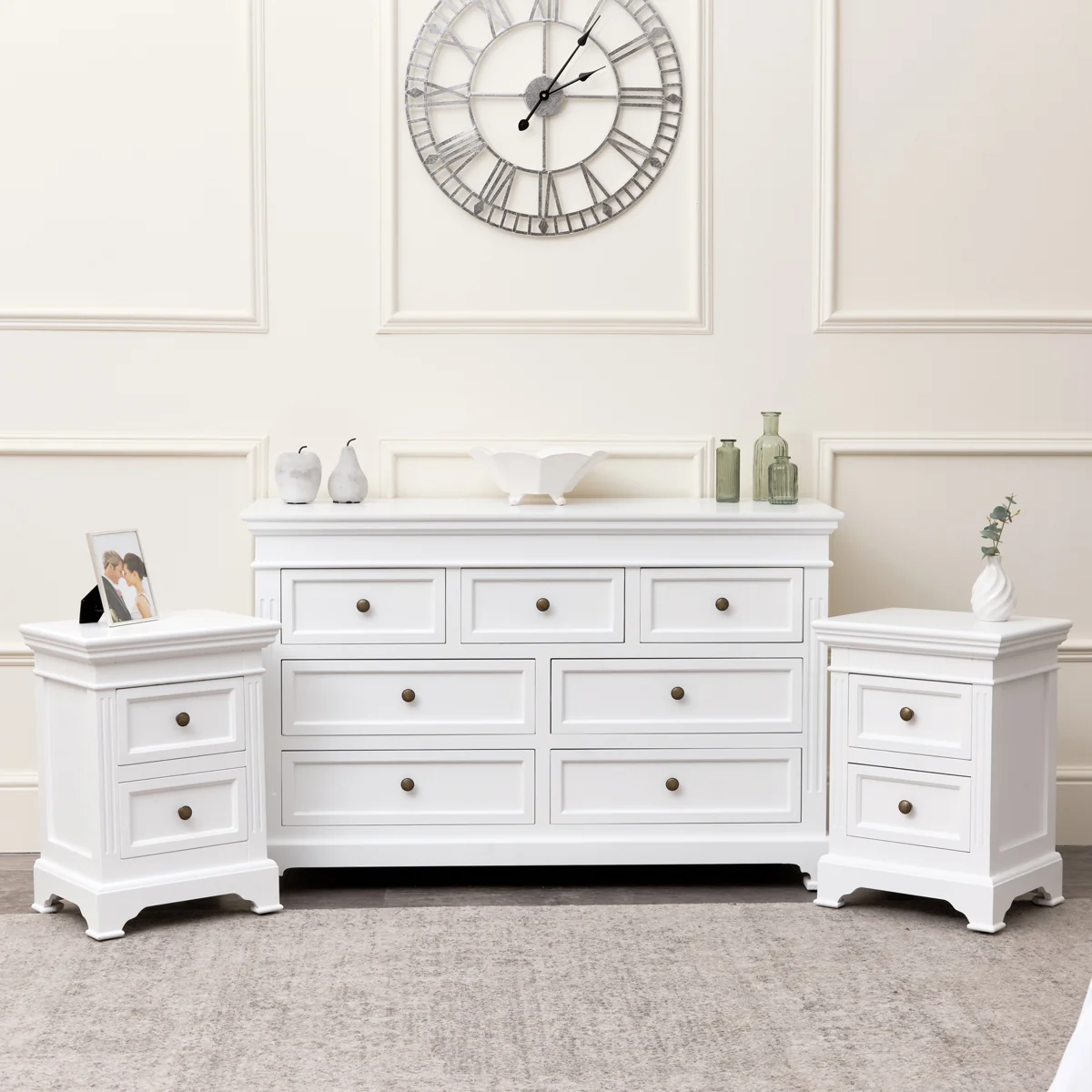 Sustainable Large White 7 Drawer Chest of Drawers Pair of Bedside Tables – Daventry White Range Relaxed