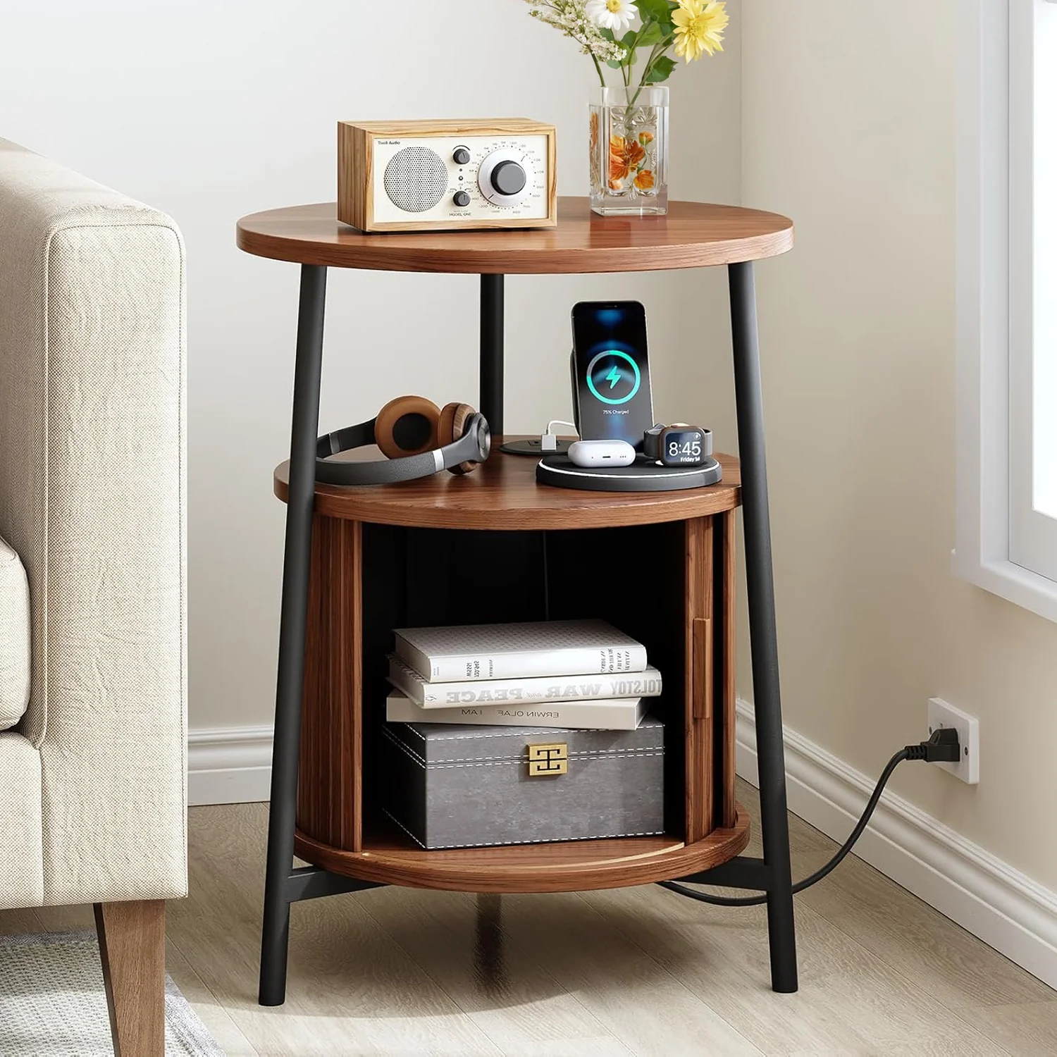 Reusable Side Table Round End Table with Storage 2-Tier Nightstand with Charging Station and Steel FrameSide Table Round End Table with Storage 2-Tier Nightstand with Charging Station and Steel Frame Innovative