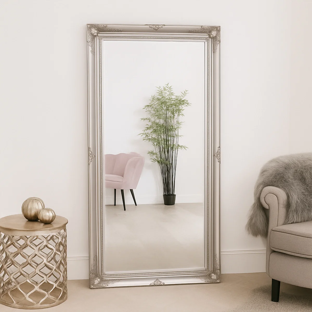 Quality Large Ornate Silver Wall Floor Mirror 158cm x 78cm Superior