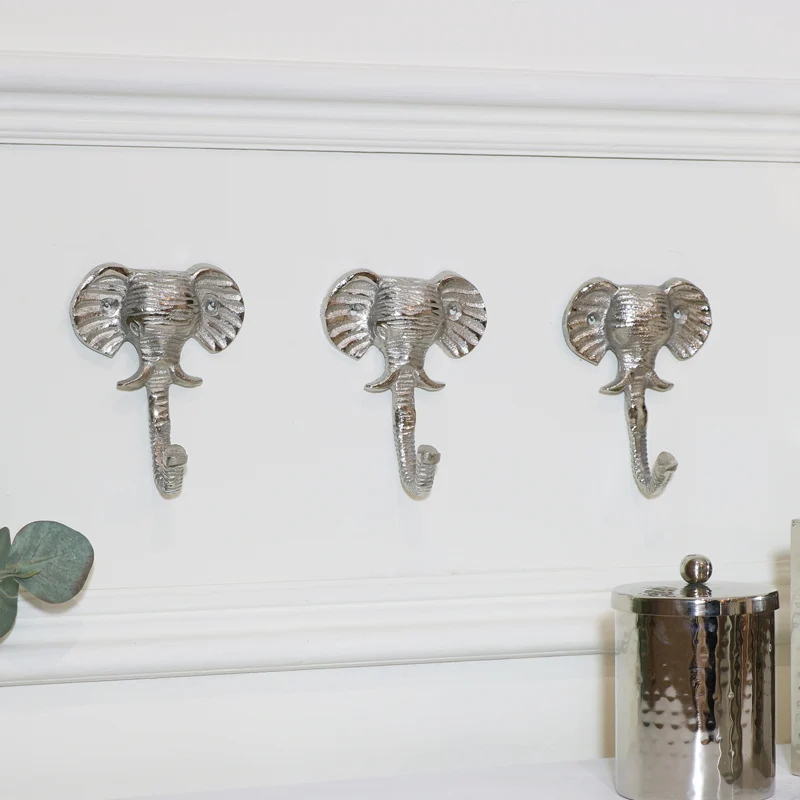 Luxury Set Of 3 Silver Elephant Head Wall Hooks Elegant