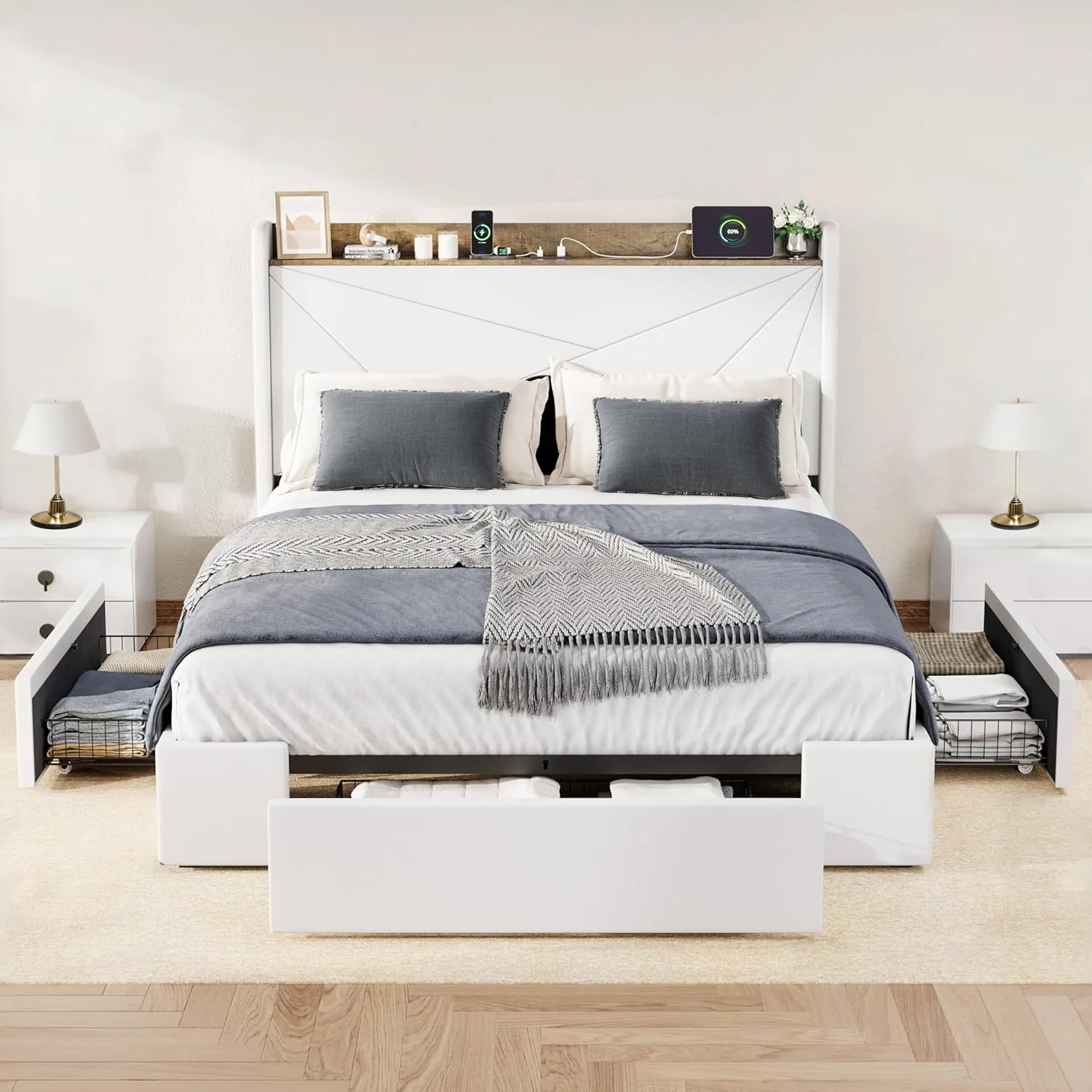 Optimized Upholstered Bed Frame with 3 Drawers Storage and and Headboard with USB Ports No Box Spring NeededUpholstered Bed Frame with 3 Drawers Storage and and Headboard with USB Ports No Box Spring Needed Trendy