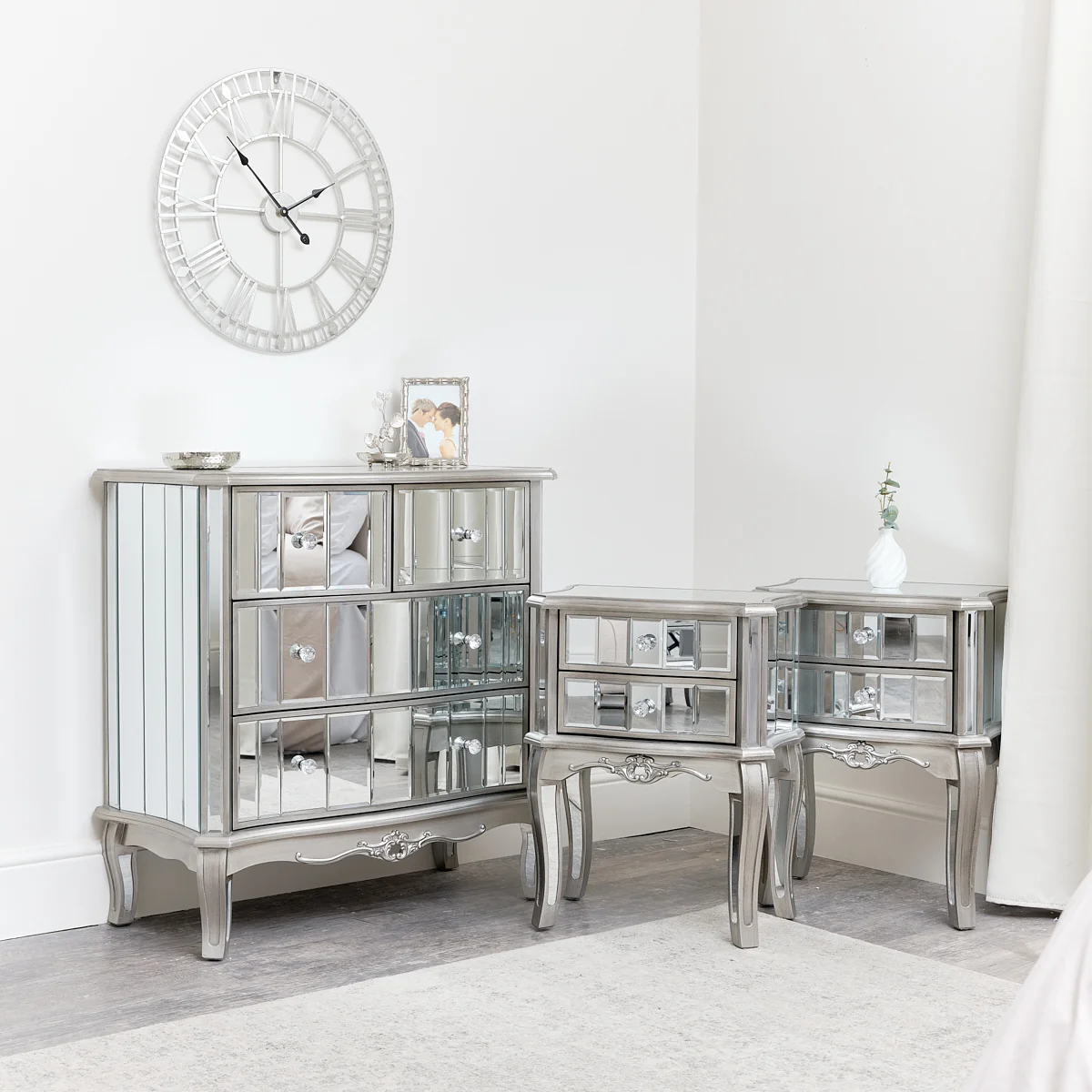 Flexible Bedroom Furniture Silver Mirrored Chest of Drawers Pair of Bedside Tables – Tiffany Range Exceptional