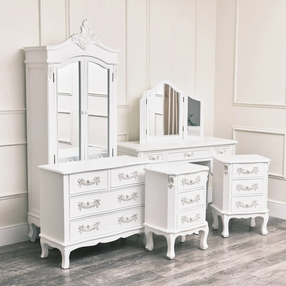 Quality Antique White Closet Dressing Table Set Chest of Drawers Pair of Bedside Tables – Pays Blanc Range High-Quality