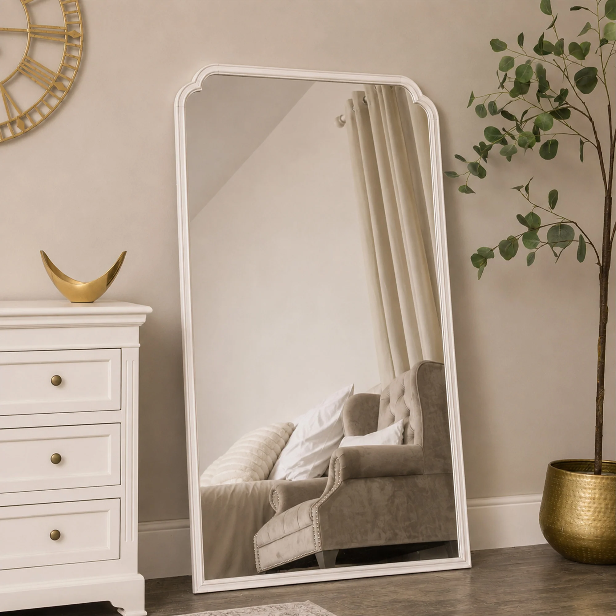Proven Large Arched White Washed Distressed Wooden Frame Wall Leaner Mirror – 90cm x 145cm Innovative