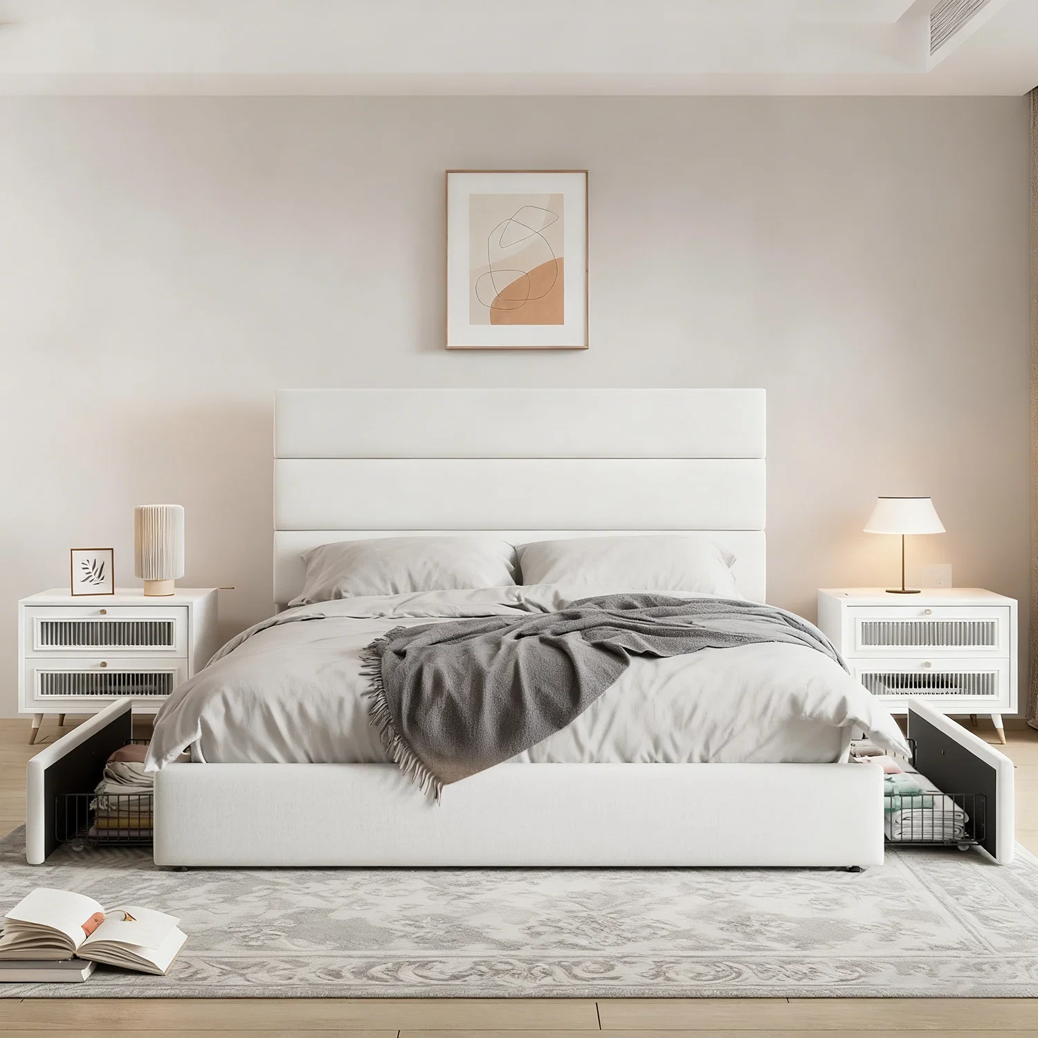 Carefully Designed Velvet Upholstered Storage Bed with Padded Headboard 4 Drawers Sturdy Platform FrameVelvet Upholstered Storage Bed with Padded Headboard 4 Drawers Sturdy Platform Frame Recyclable