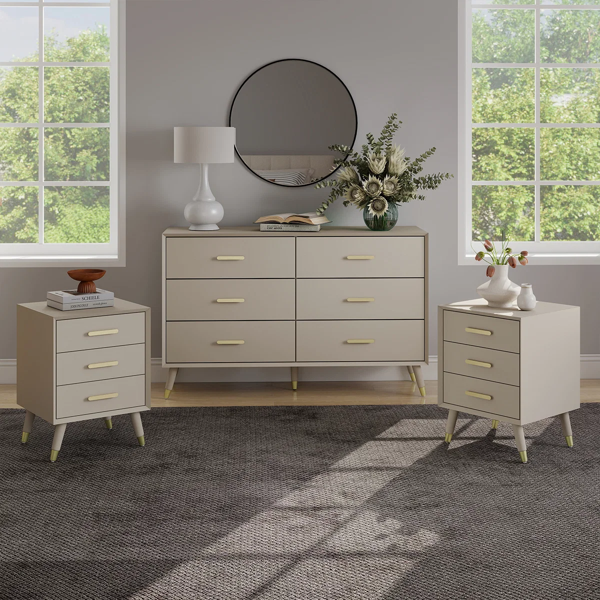 Casual 6 Drawer Chest Of Drawers Pair of 3 Drawer Bedside Tables – Oslo Taupe Range Recyclable