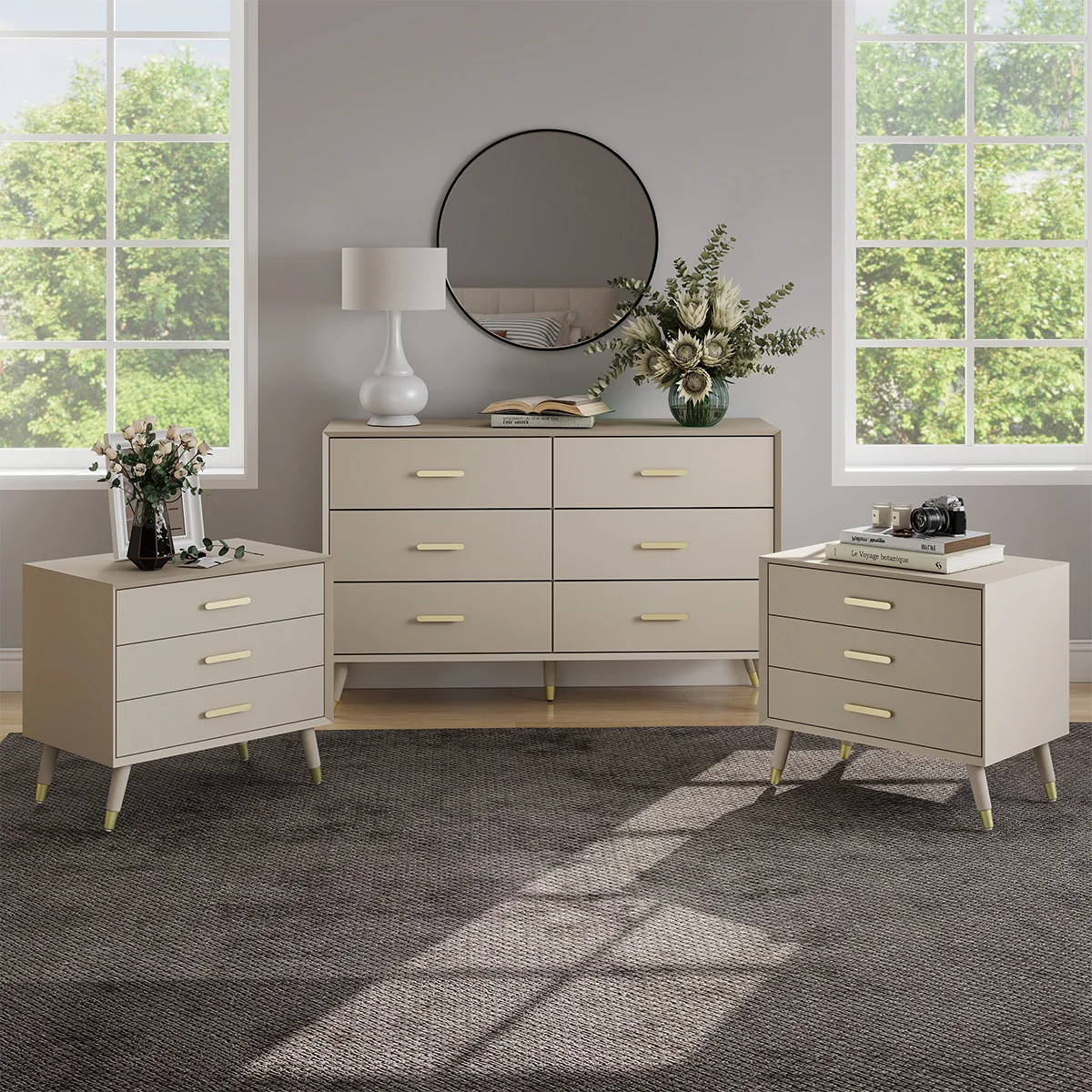 Eco-Friendly 6 Drawer Chest Of Drawers Pair of Large 3 Drawer Bedside Tables – Oslo Taupe Range Premium Material