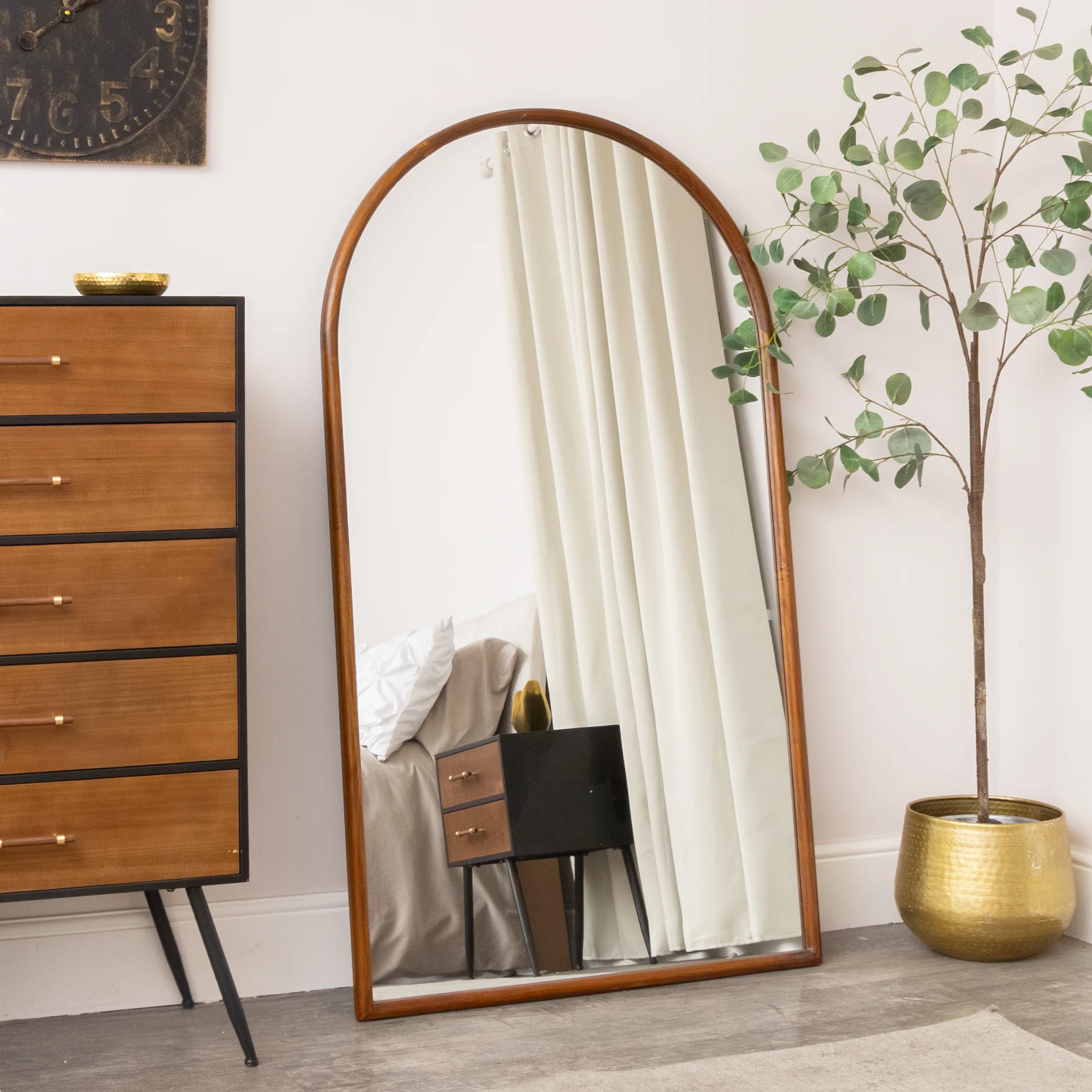 Enhanced Large Walnut Wooden Framed Arched Leaner Mirror – 90cm x 158cm – Ashwell Range Healthy