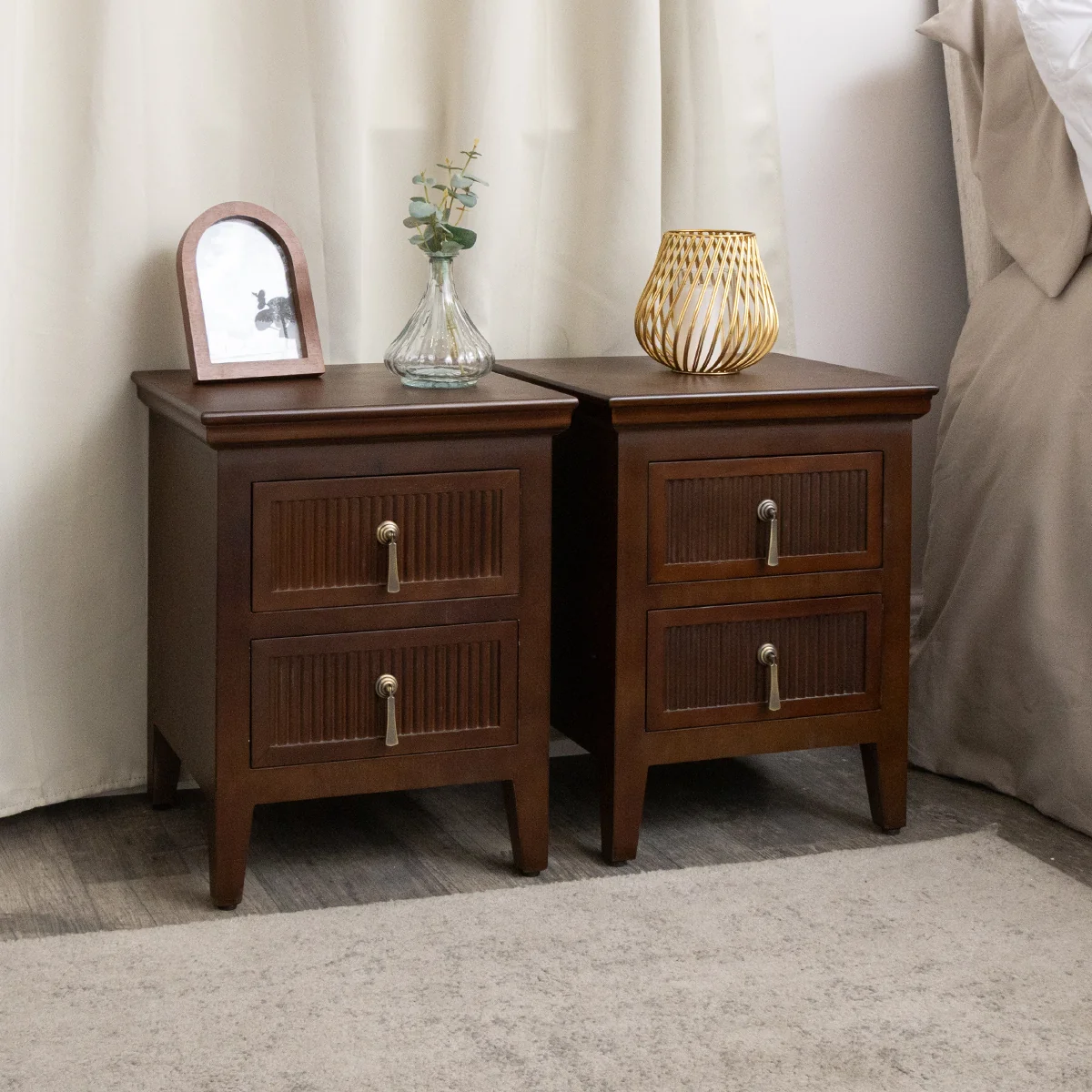 Easy-to-Use Pair of Dark Wood Reeded 2 Drawer Bedside Tables – Georgian Range Functional