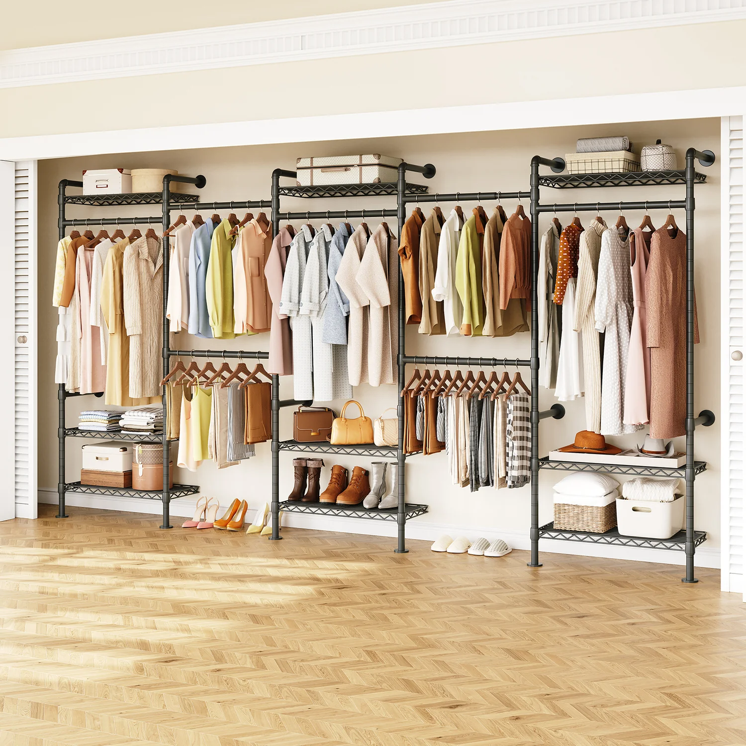 Modern Wall Mounted Closet System Industrial Pipe Clothing Rack with 4 Adjustable Rods and 9 Wire Shelves Walk-in Closet OrganizerWall Mounted Closet System Industrial Pipe Clothing Rack with 4 Adjustable Rods and 9 Wire Shelves Walk-in Closet Organizer Enhanced