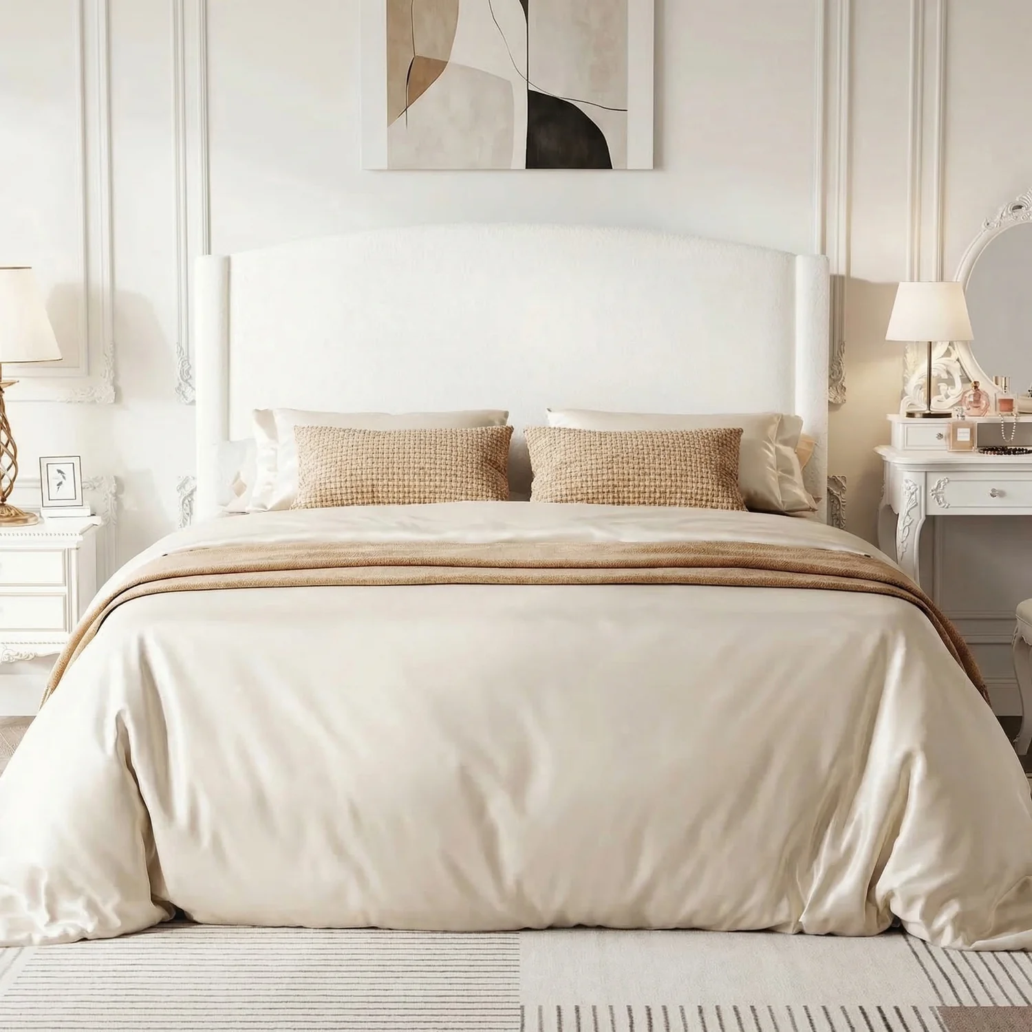 Convenient Teddy Fabric Upholstered Platform Bed Frame with Curved Headboard and Durable Metal FrameTeddy Fabric Upholstered Platform Bed Frame with Curved Headboard and Durable Metal Frame Genuine