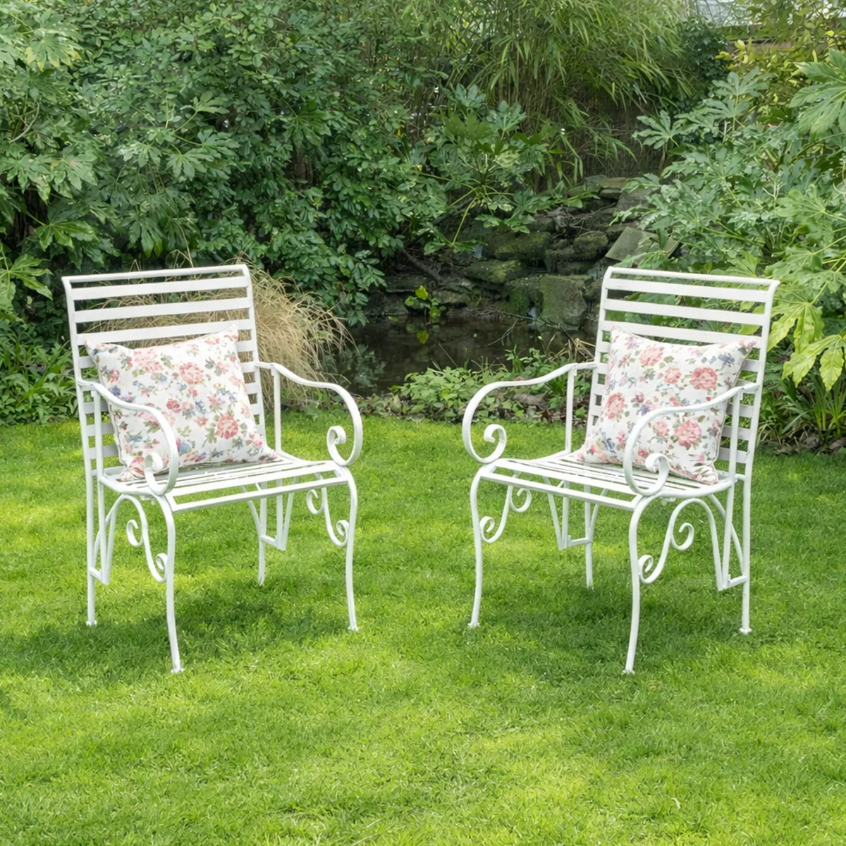 Original Set of 2 Ornate Metal Distressed White Garden Chairs – 55cm x 92cm Modern
