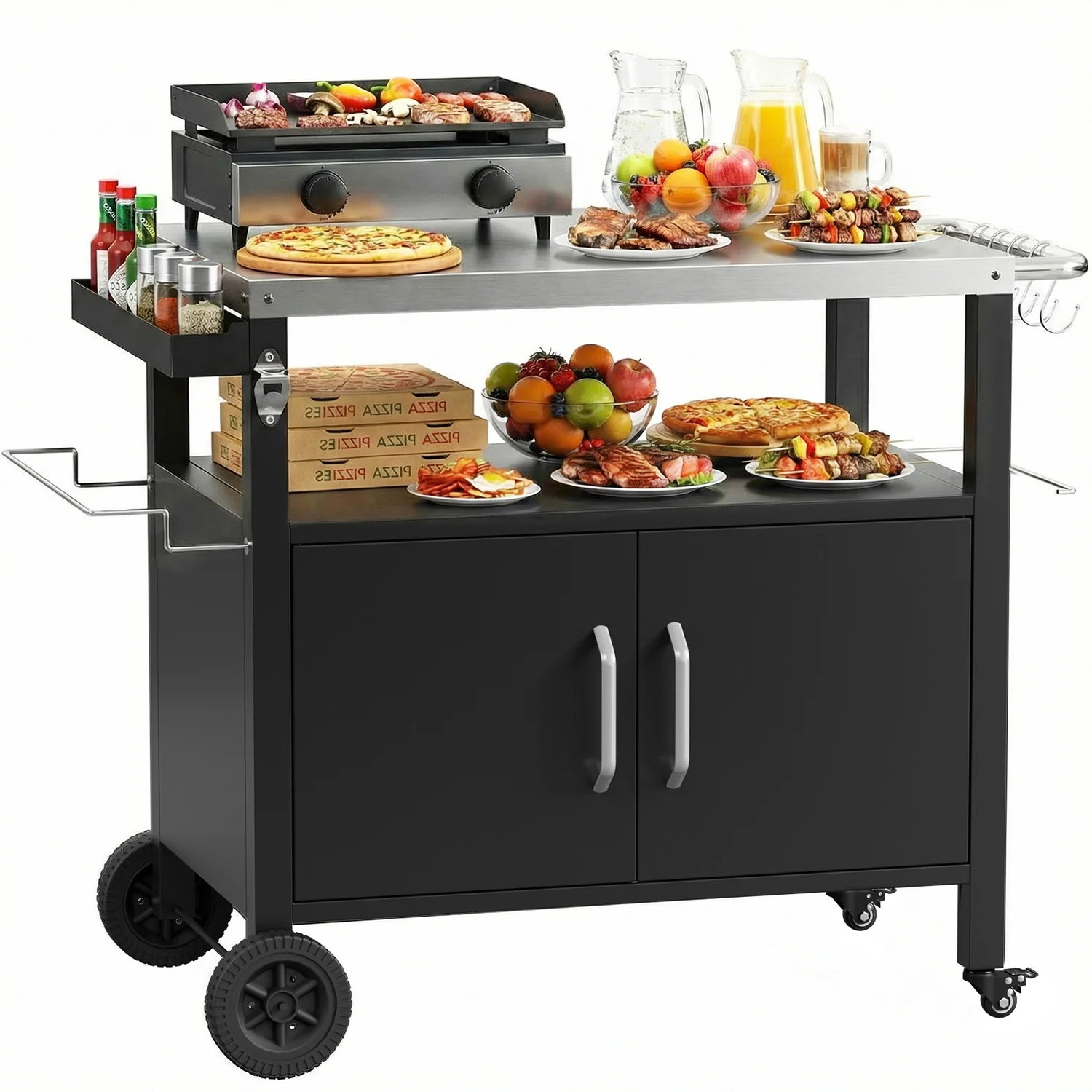 Original Design Outdoor Grill Cart with Storage Cabinet Kitchen Island with Stainless Steel Top and Wheels for Food Prep and BBQOutdoor Grill Cart with Storage Cabinet Kitchen Island with Stainless Steel Top and Wheels for Food Prep and BBQ Innovative