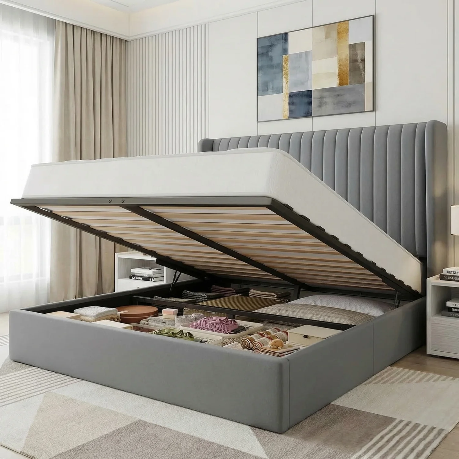 Quality Lift-Up Storage Bed Frame with Wingback Channel Tufted Headboard Upholstered Platform Bed No Box Spring NeededLift-Up Storage Bed Frame with Wingback Channel Tufted Headboard Upholstered Platform Bed No Box Spring Needed Classic