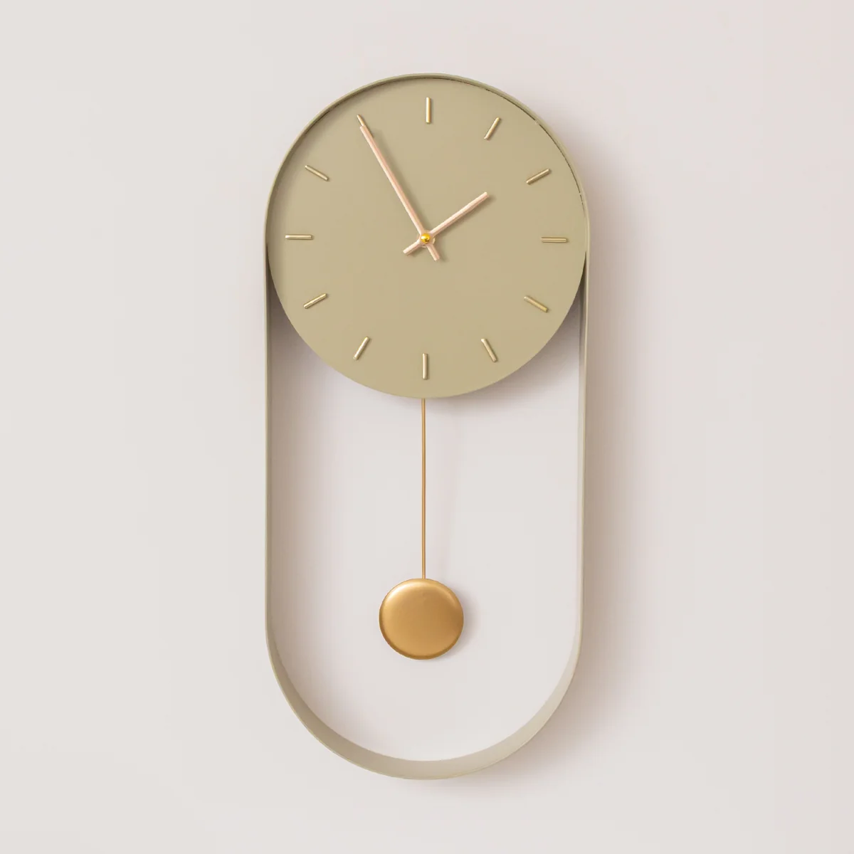 Carefully Designed Olive Green Gold Pendulum Metal Analogue Wall Clock – 20cm x 55cm Durable