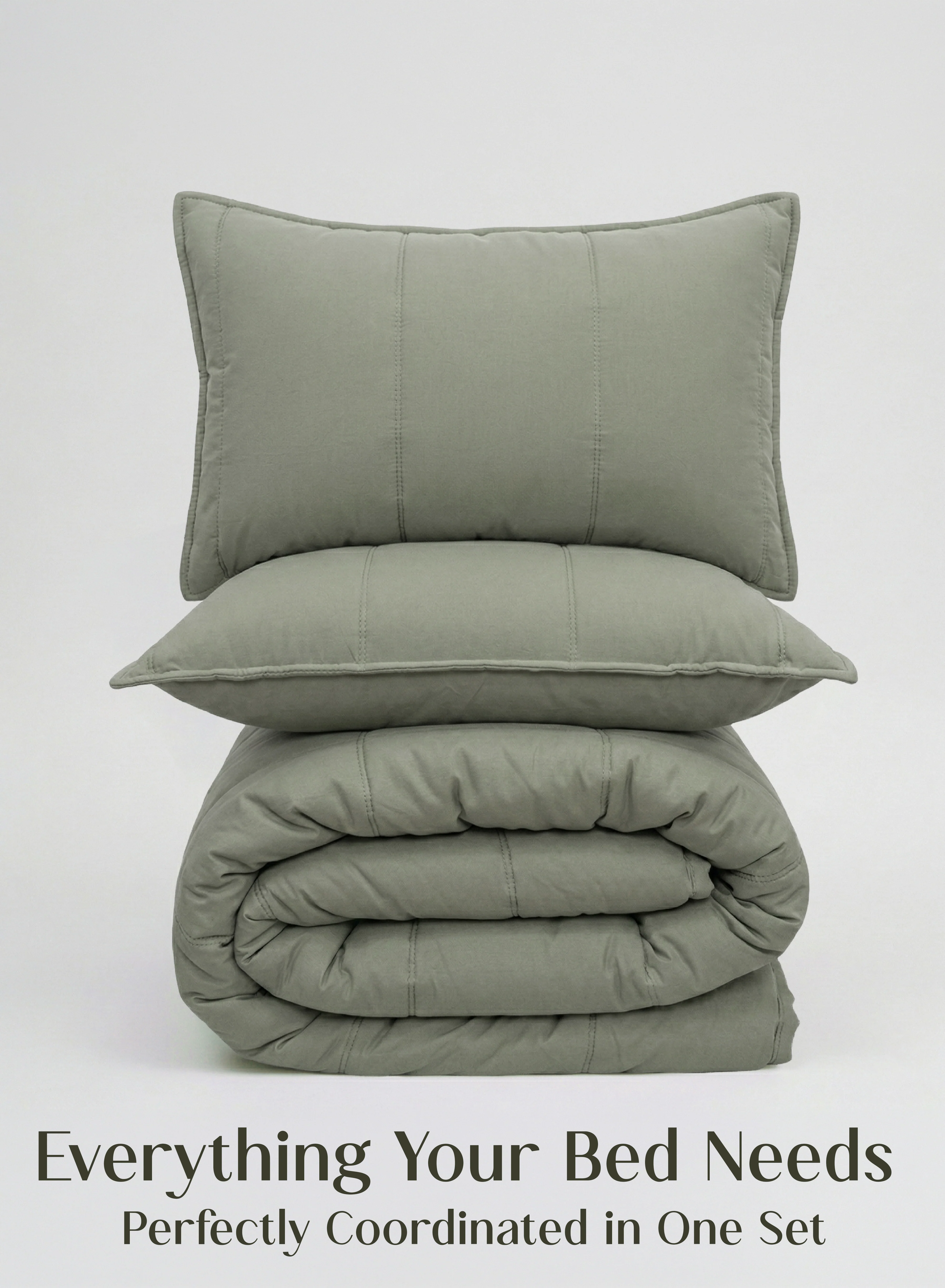 Unique Cocoon 8-Piece AC Bedding Set Coordinated Comforter Fitted Sheet Covers in One Set Olive MistCocoon AC Bedding Set — Designed for Cool Comfortable Sleep in Indian Homes Practical
