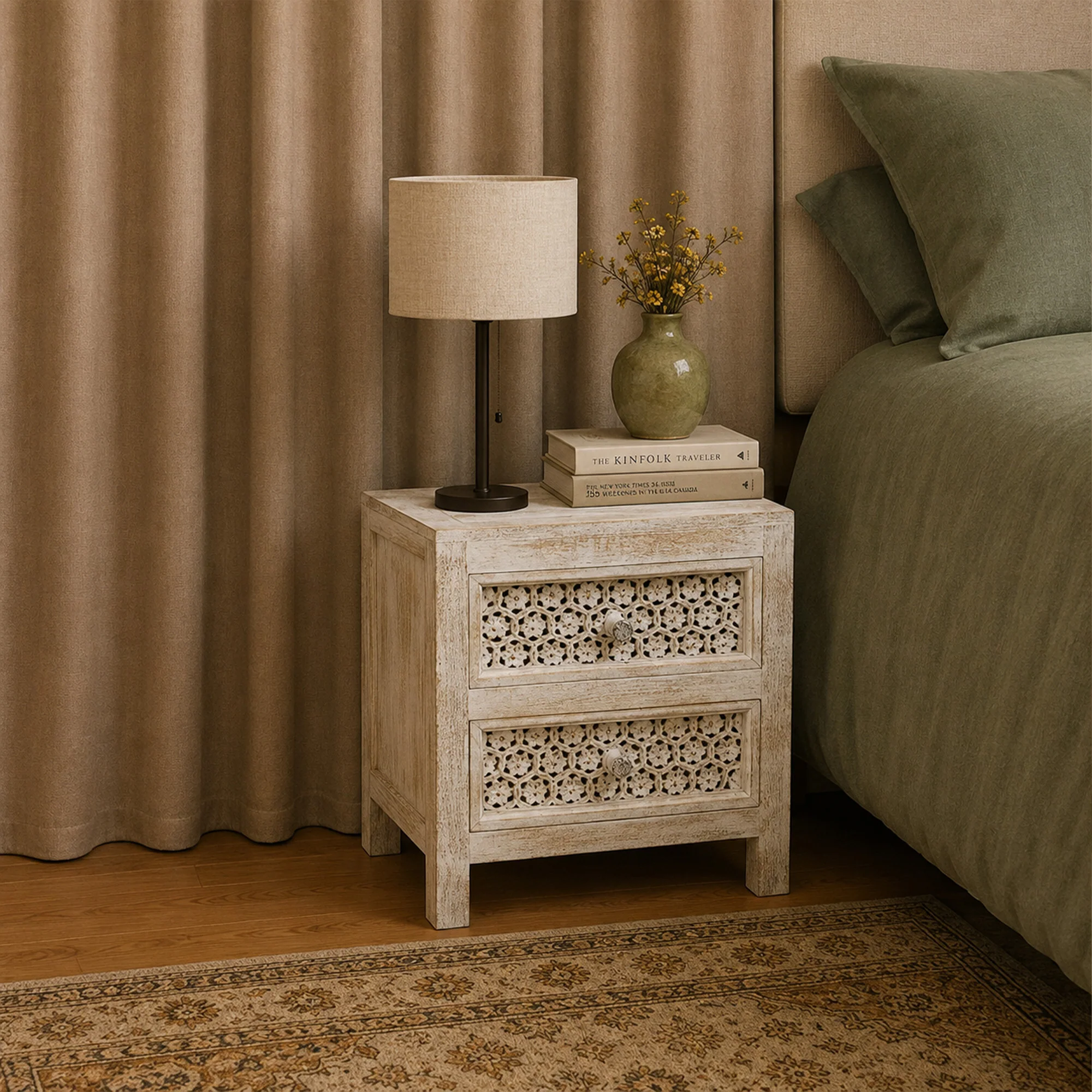 Next-Generation Boho Rustic White Washed Wooden Carved 2 Drawer Bedside Table High-Quality