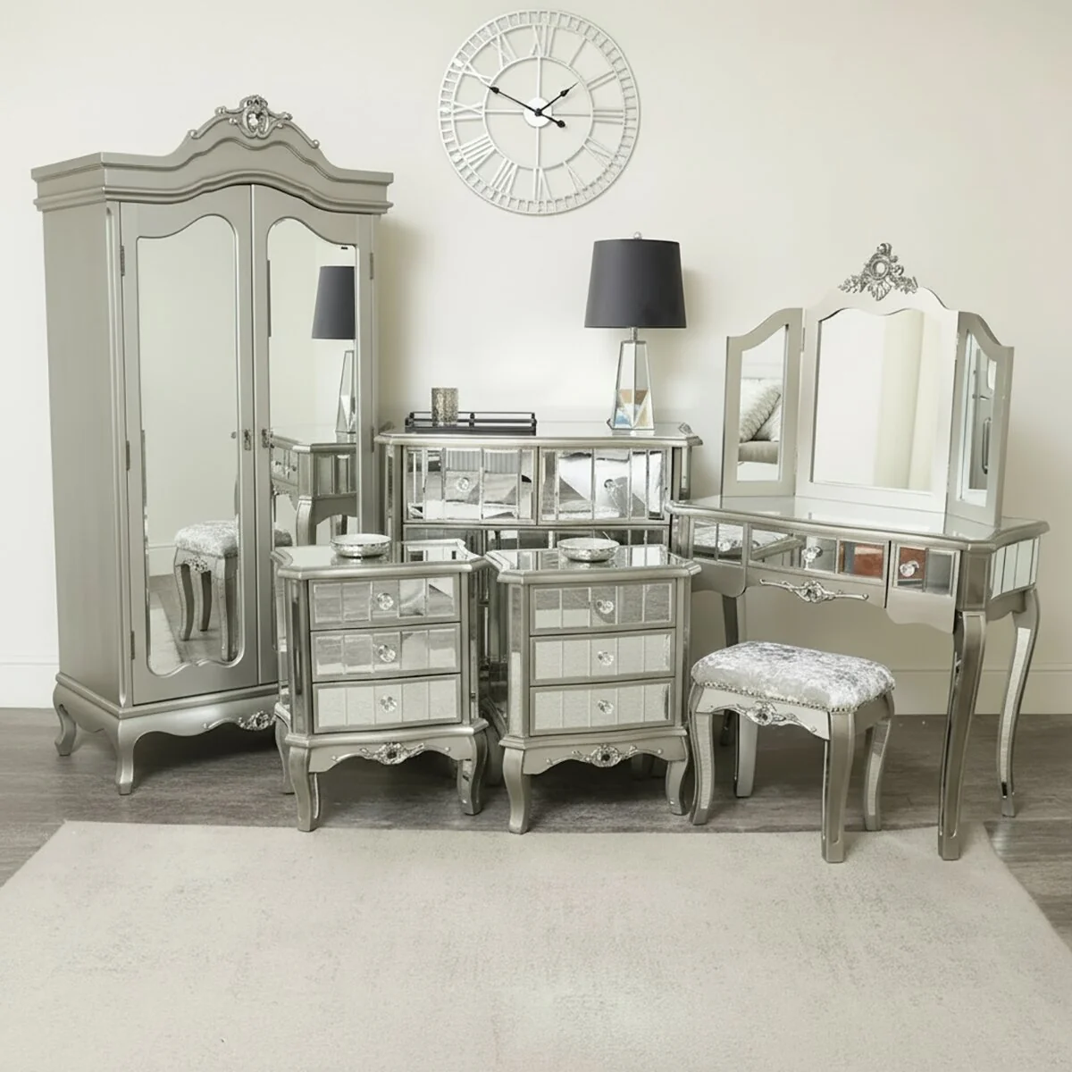 Versatile Silver Mirrored Double Wardrobe Chest of Drawers Dressing Table Set 3 Drawer Bedside Tables – Tiffany Range Carefully Designed