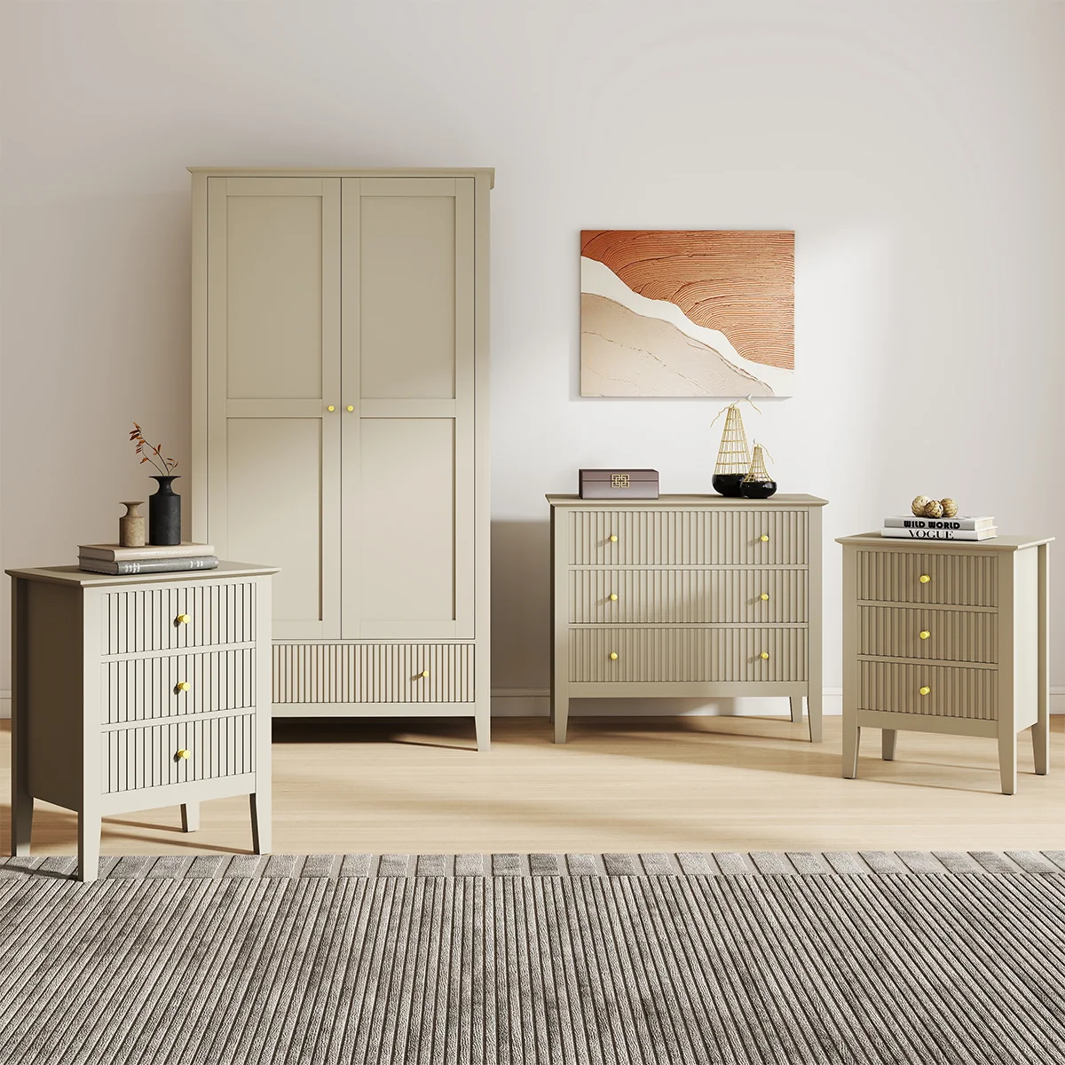 Sophisticated Double Wardrobe 3 Drawer Chest of Drawers Pair of Bedside Tables – Hales Taupe Range Detailed