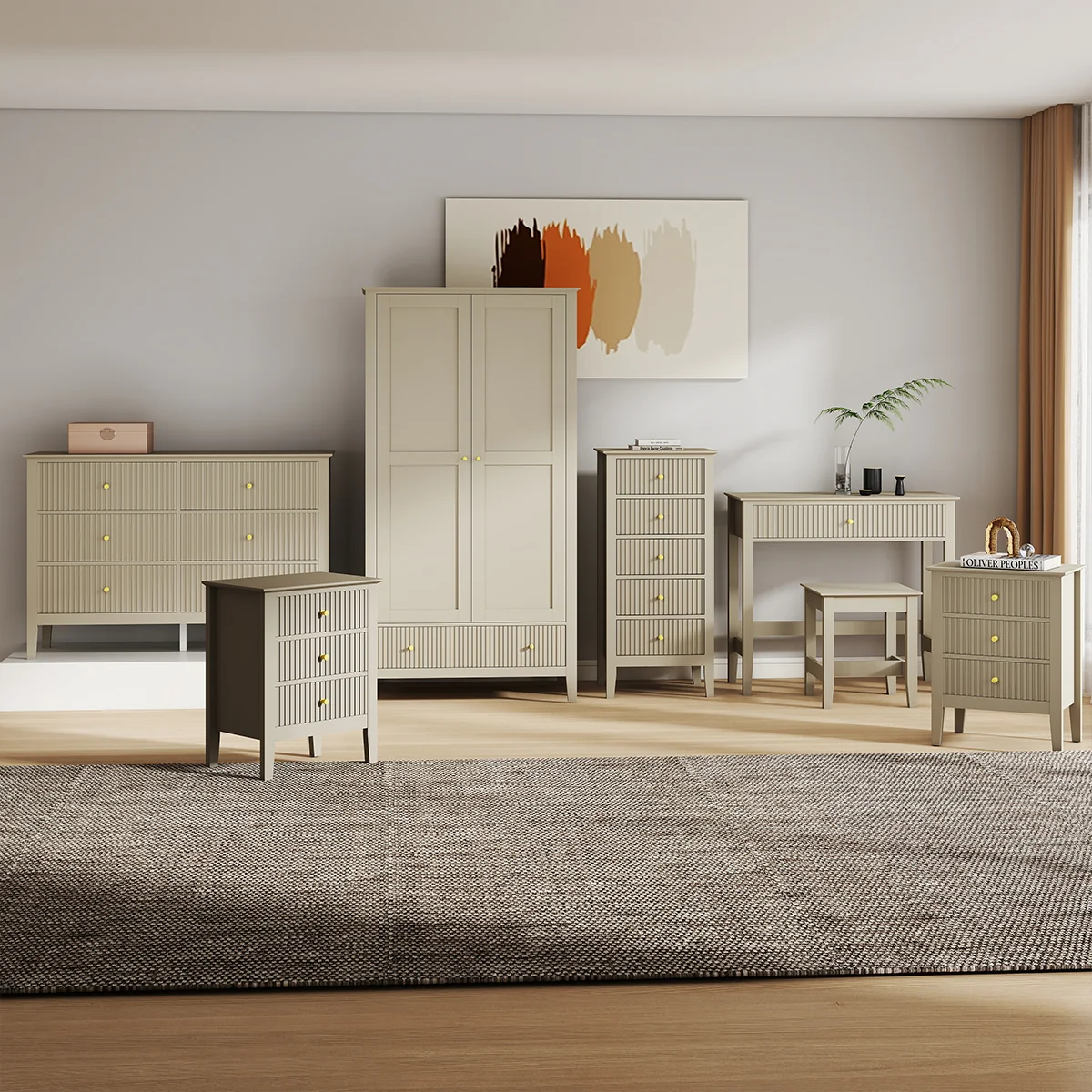 Eco-Friendly Double Wardrobe 6 Drawer Chest of Drawers Tall 5 Drawer Bedside Table Pair of 3 Drawer Bedside Tables and Dressing Table Set – Hales Taupe Range World-Class